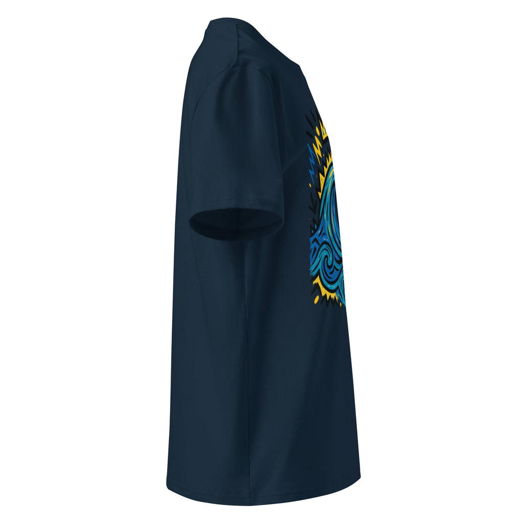 T-shirt Ondja bleu marine unisexe coton bio, motif artistique vague bleue et symboles afro luxe, édition limitée Élisabeth Akaïa Kaï