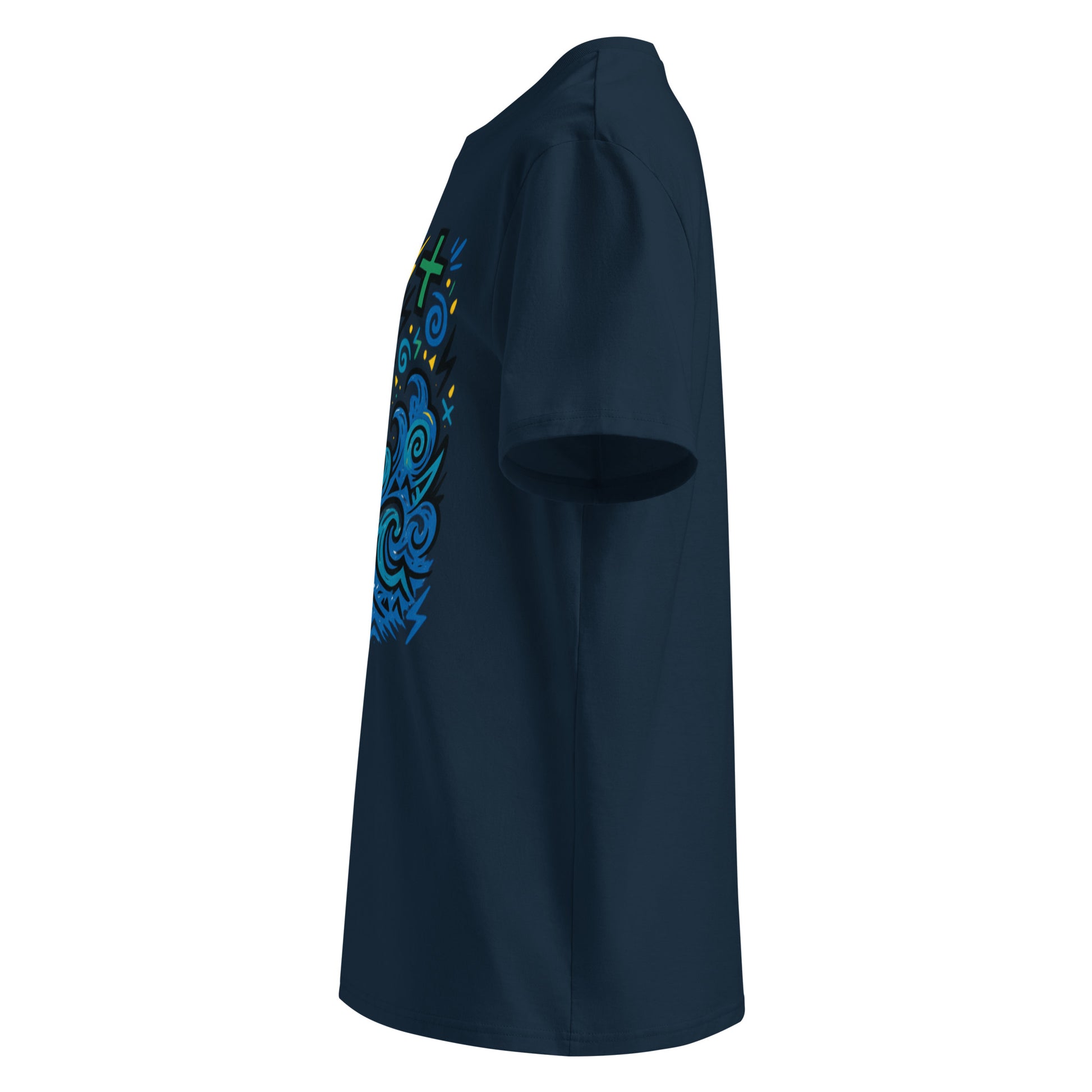 T-shirt Ondja bleu marine unisexe coton bio, motif artistique vague bleue et symboles afro luxe, édition limitée Élisabeth Akaïa Kaï