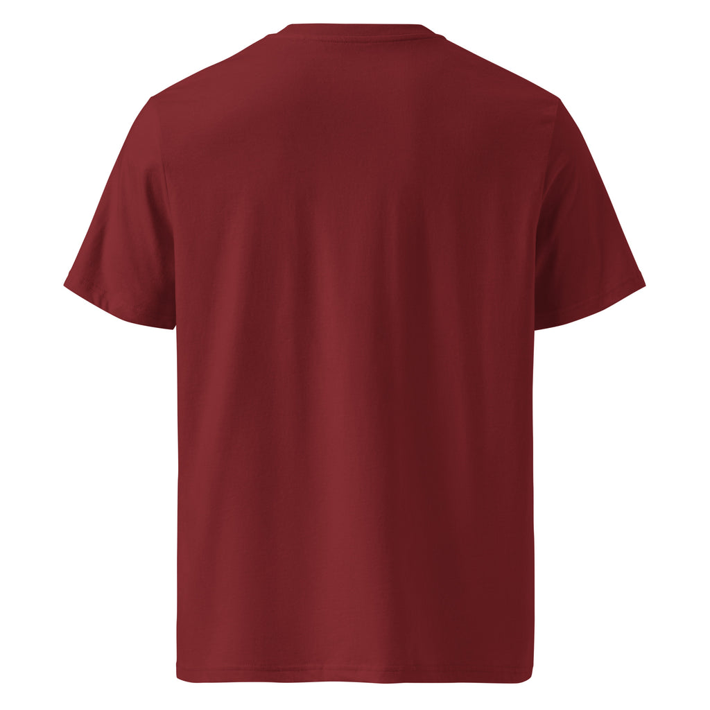 T-shirt Ondja bordeaux unisexe coton bio, imprimé exclusif vague bleue stylisée avec symboles graphiques, mode gabon luxe
