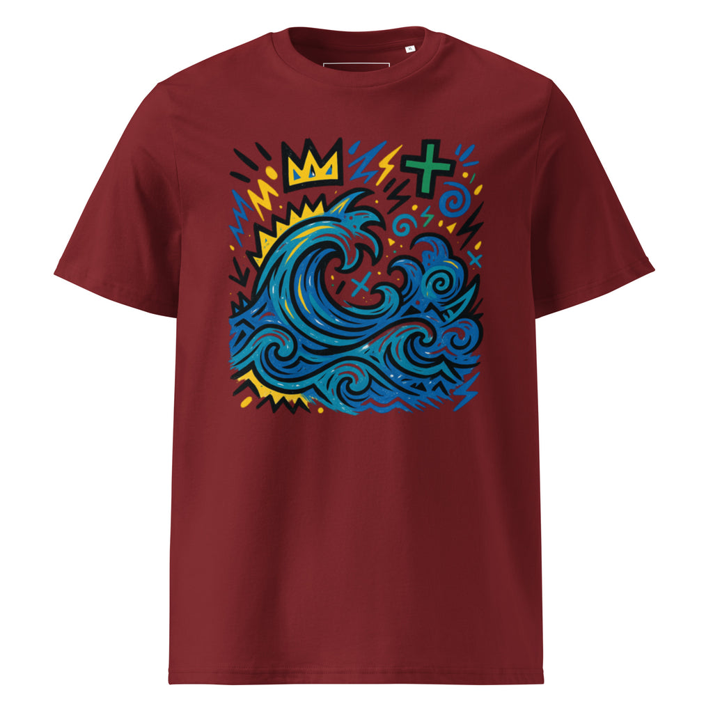 T-shirt Ondja bordeaux unisexe coton bio, imprimé exclusif vague bleue stylisée avec symboles graphiques, mode gabon luxe