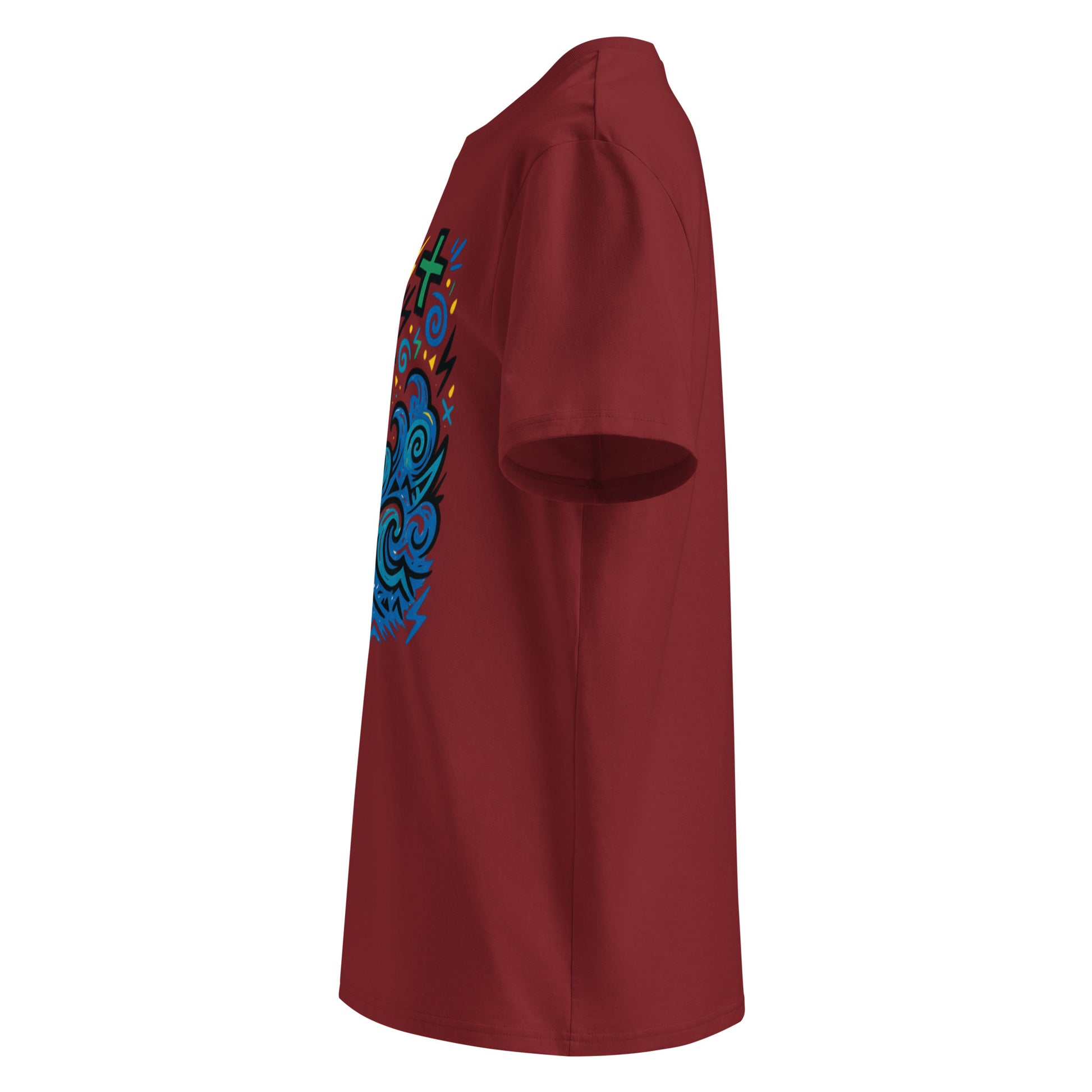 T-shirt Ondja bordeaux unisexe coton bio, imprimé exclusif vague bleue stylisée avec symboles graphiques, mode gabon luxe