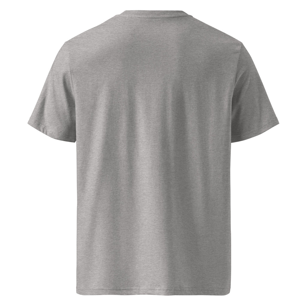 T-shirt Ondja gris clair chiné unisexe coton biologique, imprimé vague bleue stylisée avec symboles, mode afro luxe durable
