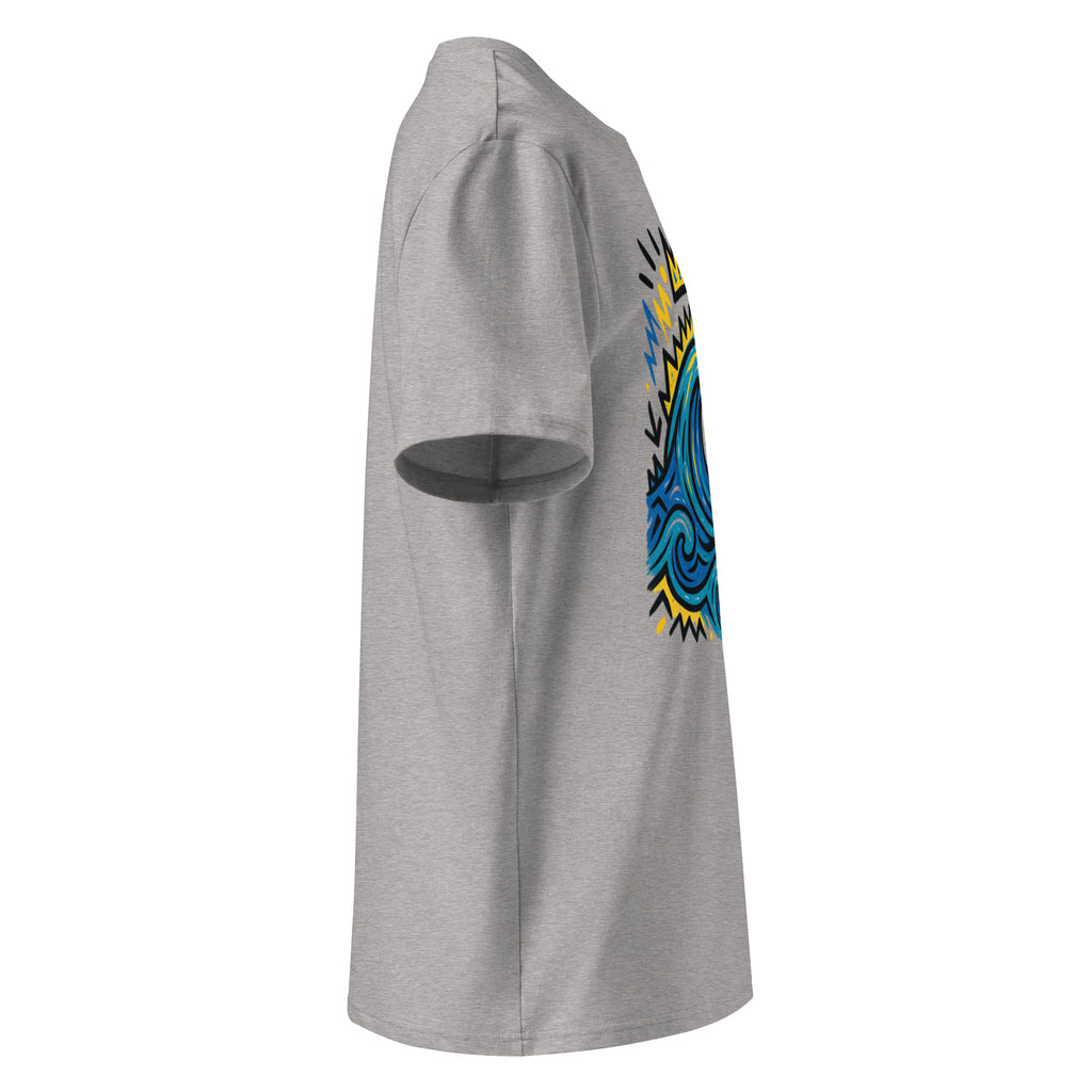 T-shirt Ondja gris clair chiné unisexe coton biologique, imprimé vague bleue stylisée avec symboles, mode afro luxe durable