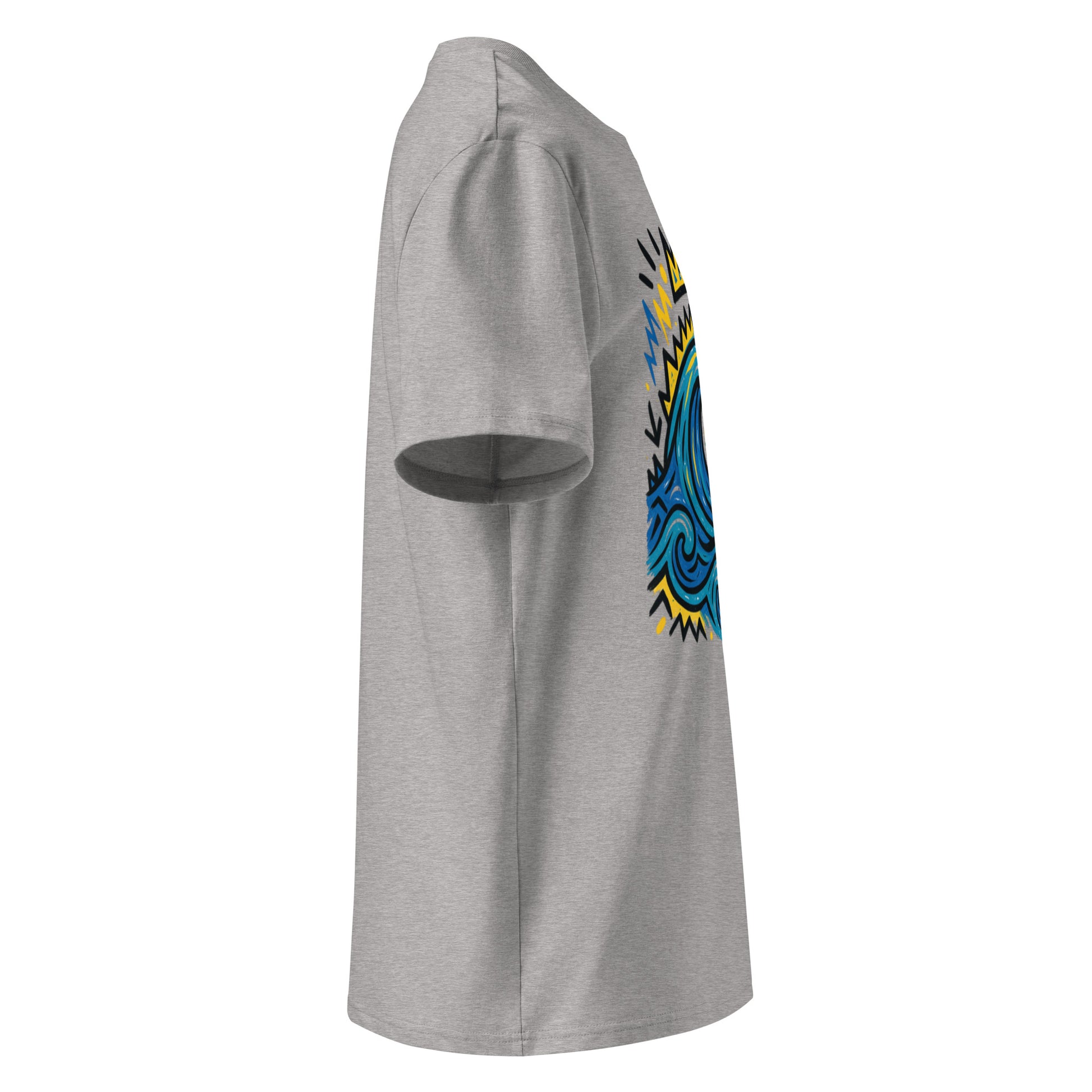 T-shirt Ondja gris clair chiné unisexe coton biologique, imprimé vague bleue stylisée avec symboles, mode afro luxe durable