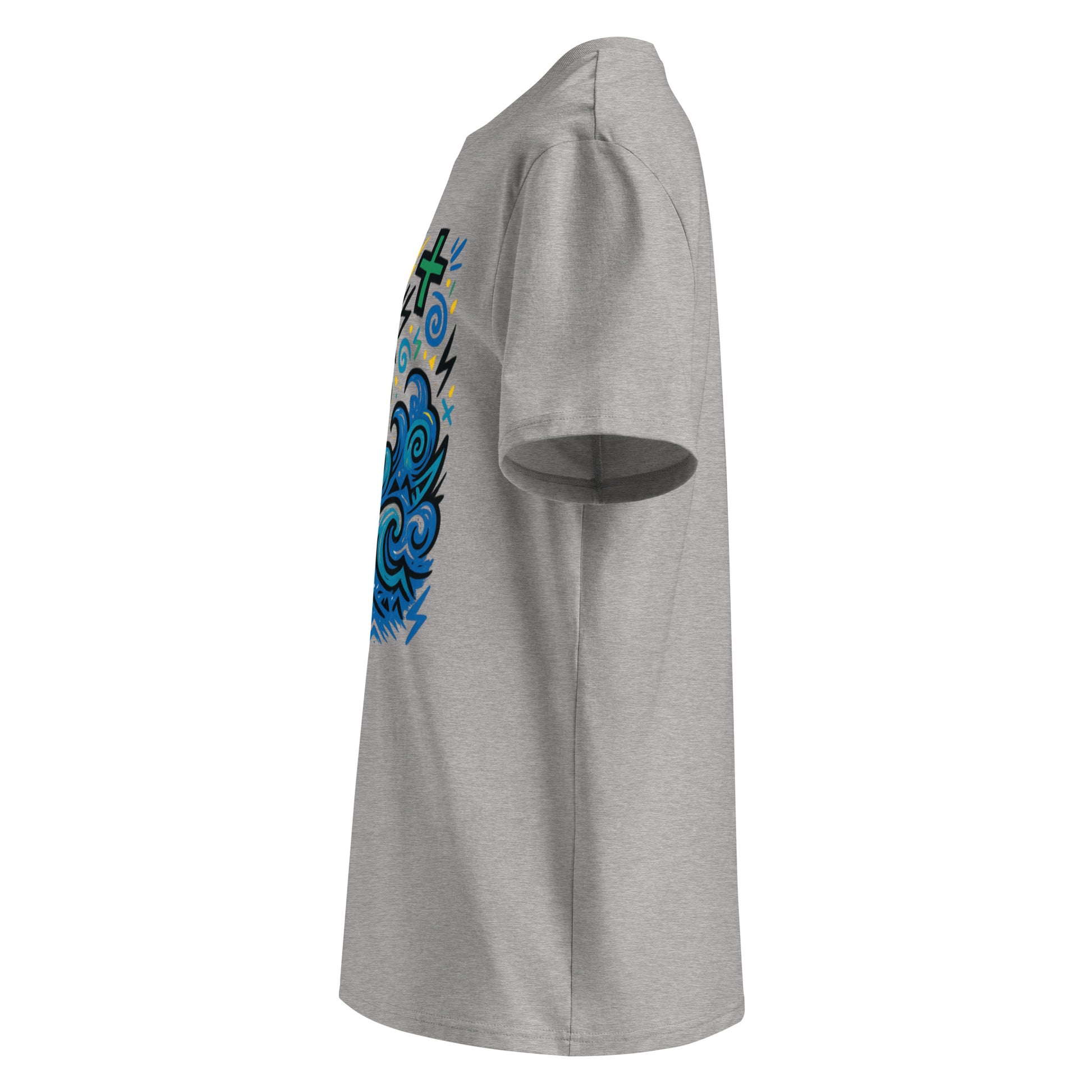T-shirt Ondja gris clair chiné unisexe coton biologique, imprimé vague bleue stylisée avec symboles, mode afro luxe durable