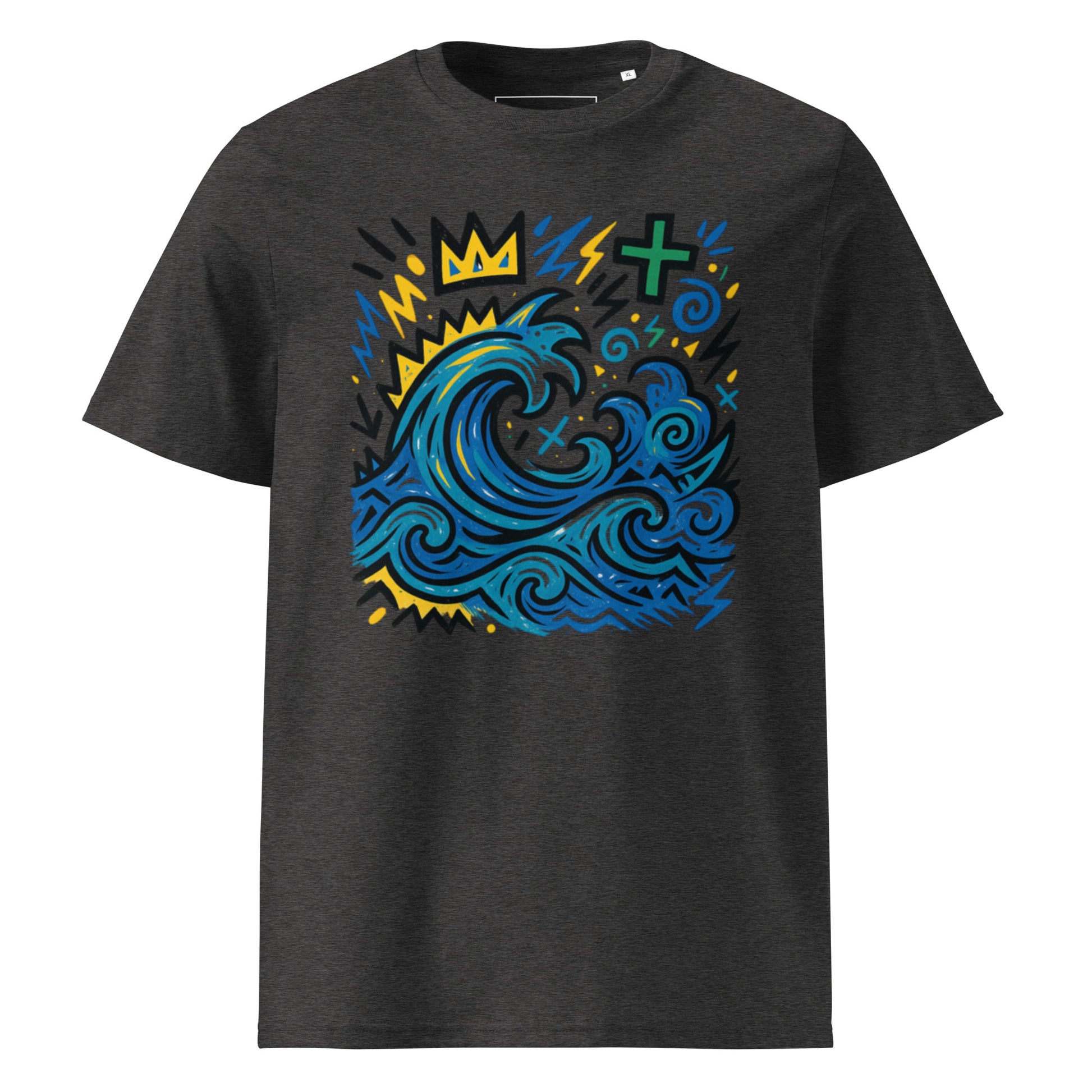 T-shirt Ondja gris foncé chiné unisexe coton biologique, imprimé artistique vague bleue et couronne jaune, slow fashion afro luxe