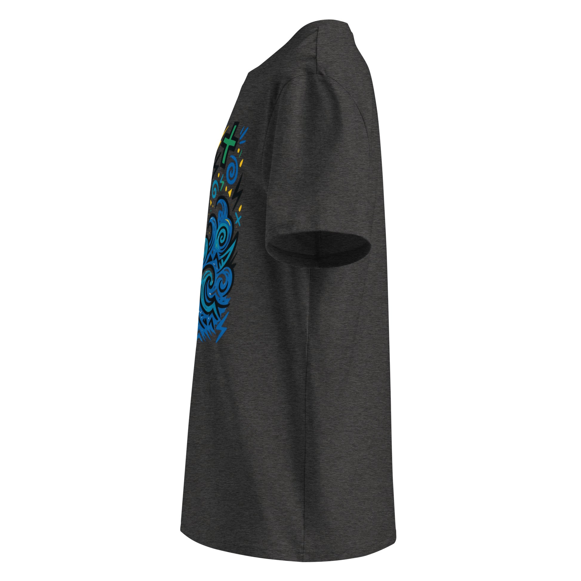 T-shirt Ondja gris foncé chiné unisexe coton biologique, imprimé artistique vague bleue et couronne jaune, slow fashion afro luxe