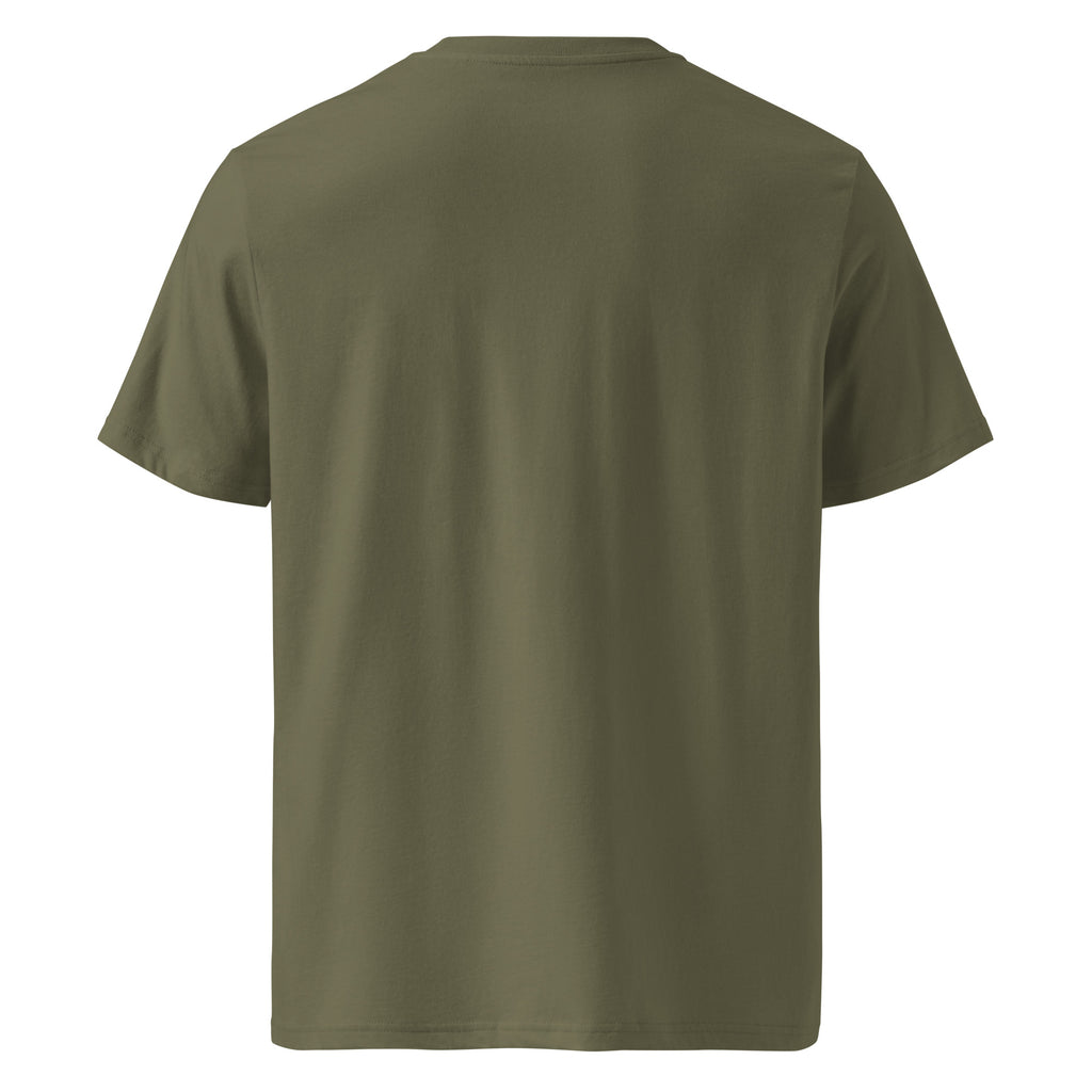 T-shirt Ondja kaki unisexe coton bio, imprimé exclusif vague bleue stylisée avec couronne jaune et symboles, mode gabon luxe