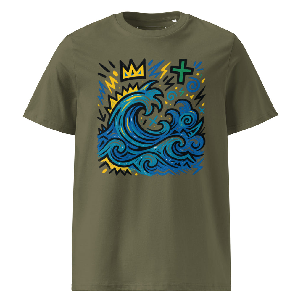 T-shirt Ondja kaki unisexe coton bio, imprimé exclusif vague bleue stylisée avec couronne jaune et symboles, mode gabon luxe