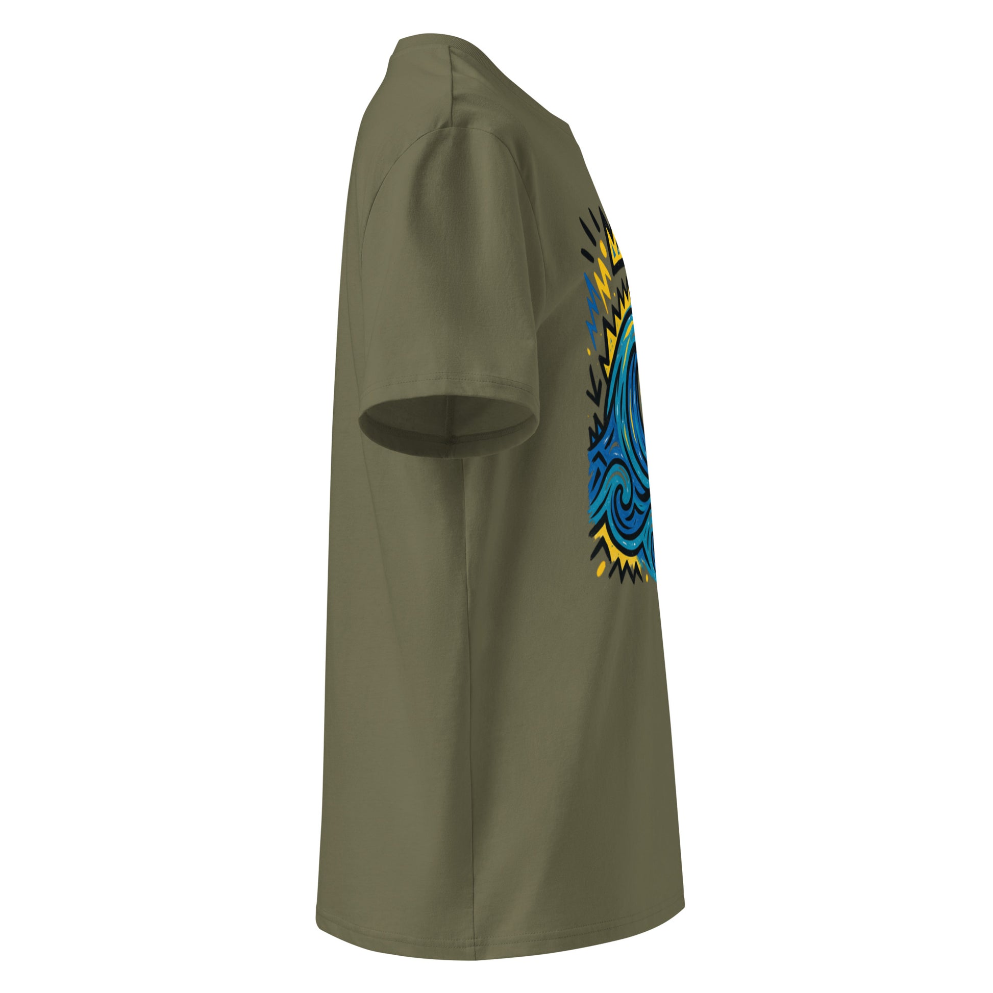 T-shirt Ondja kaki unisexe coton bio, imprimé exclusif vague bleue stylisée avec couronne jaune et symboles, mode gabon luxe