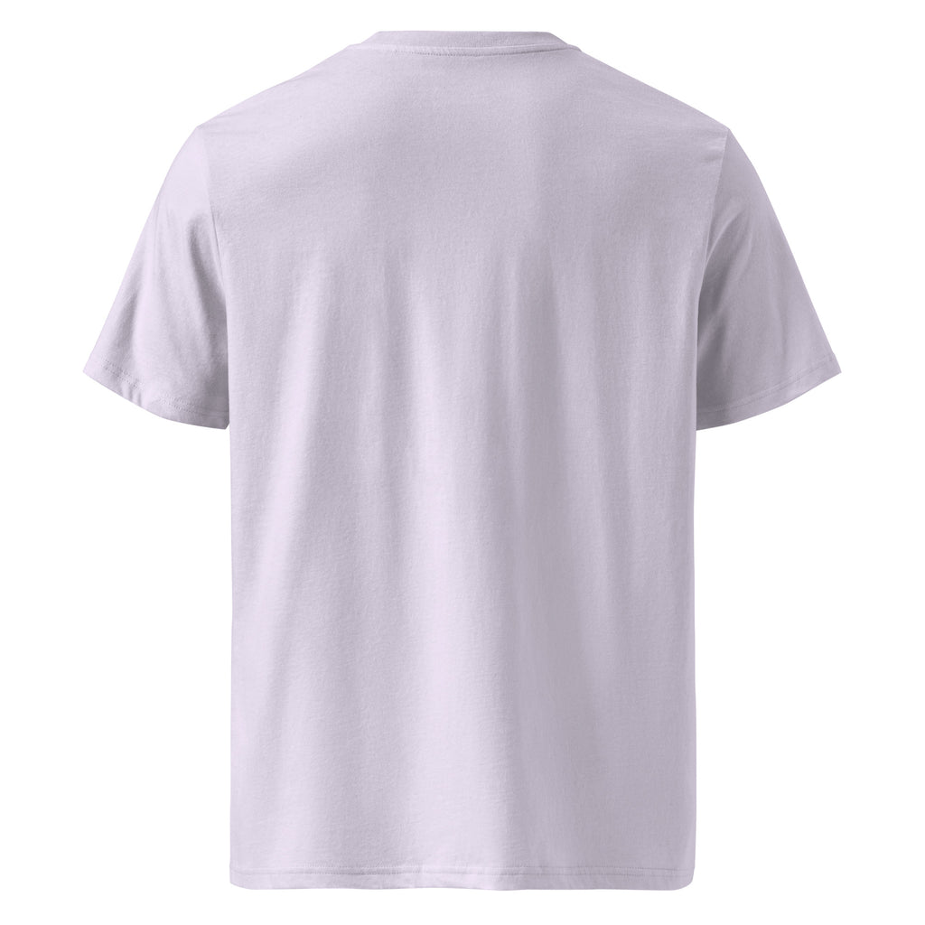 T-shirt Ondja lavande clair unisexe coton biologique certifié, imprimé artistique vague bleue et couronne jaune, slow fashion luxe