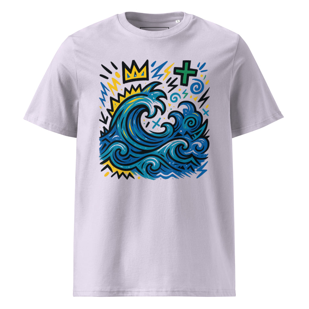 T-shirt Ondja lavande clair unisexe coton biologique certifié, imprimé artistique vague bleue et couronne jaune, slow fashion luxe
