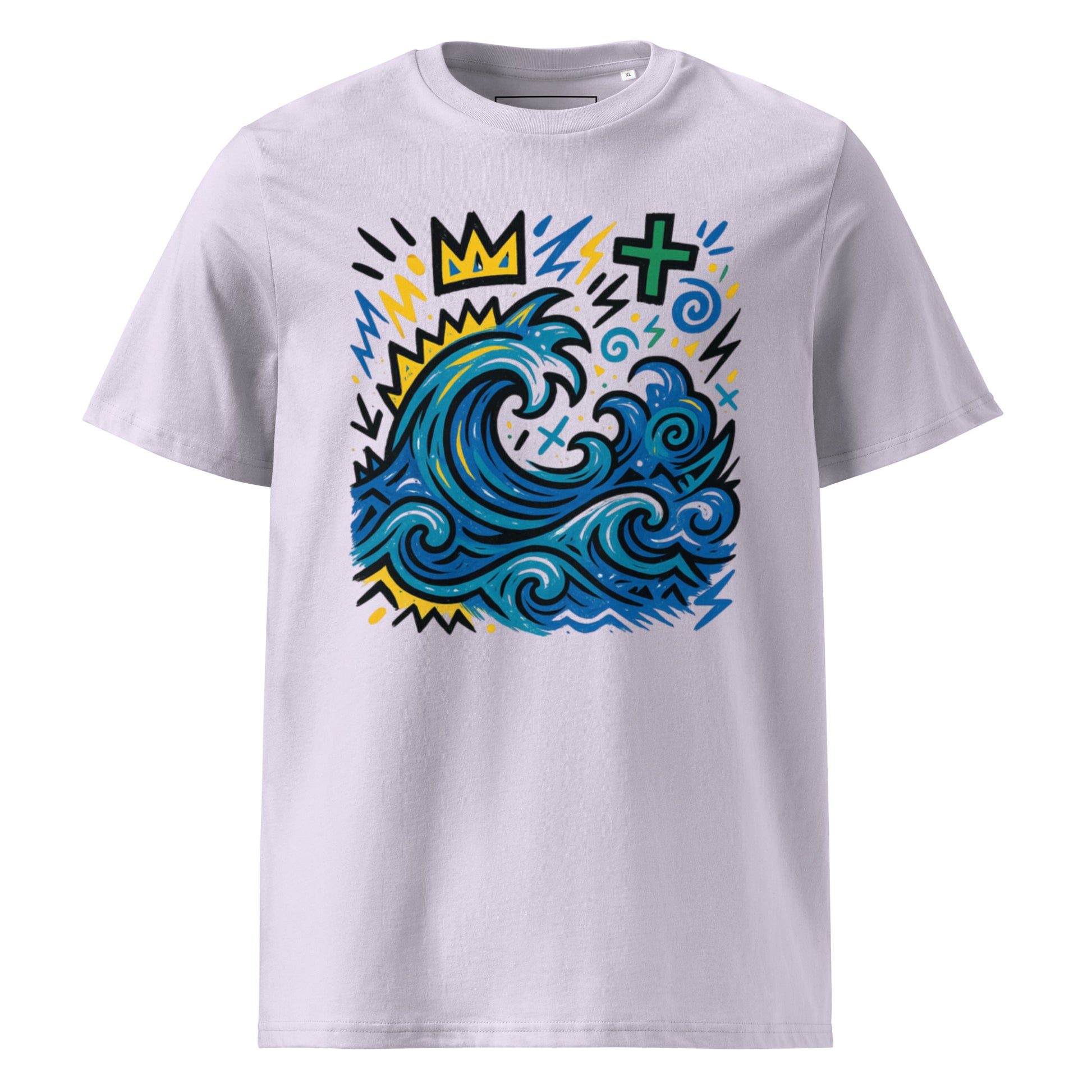 T-shirt Ondja lavande clair unisexe coton biologique certifié, imprimé artistique vague bleue et couronne jaune, slow fashion luxe