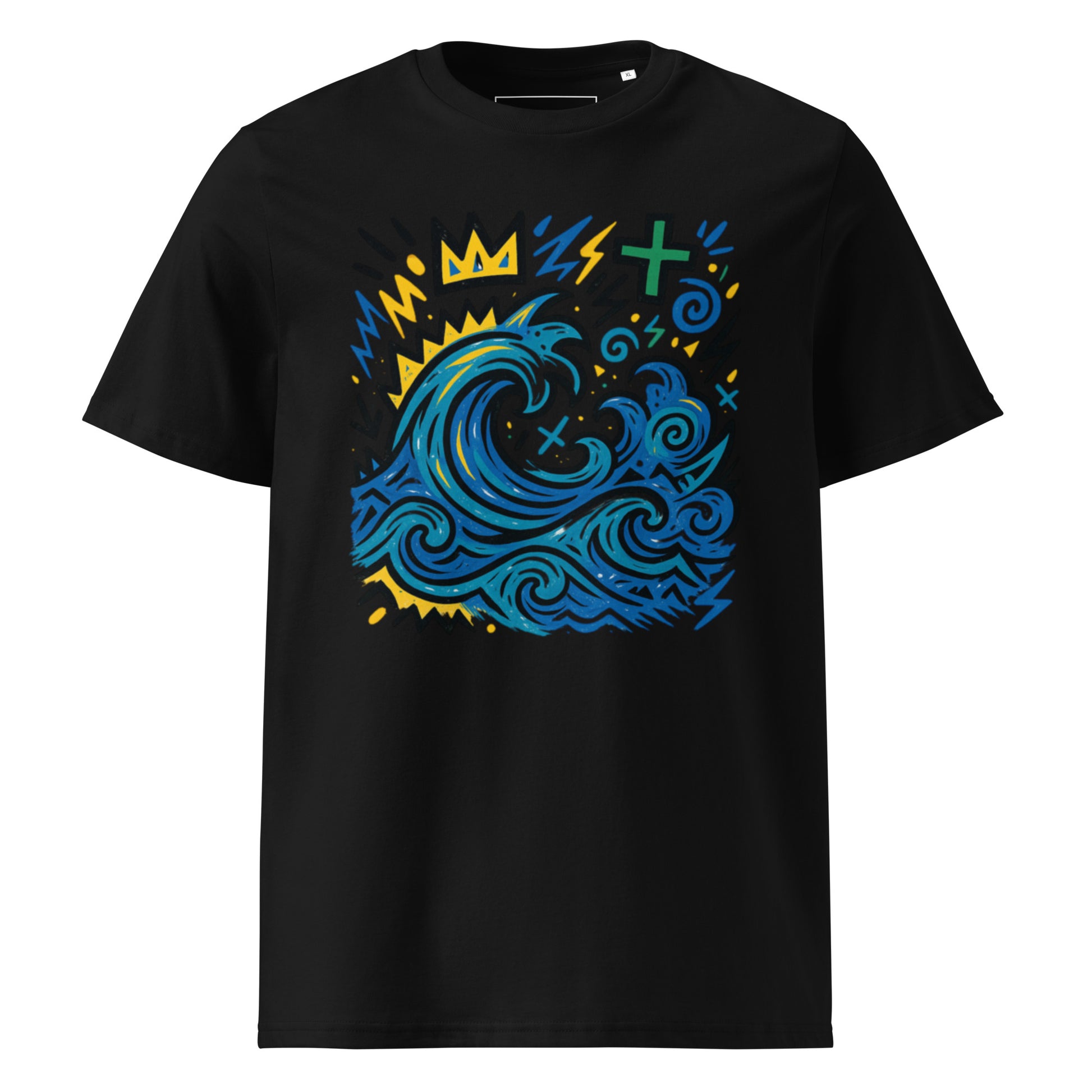 T-shirt Ondja noir unisexe en coton bio, imprimé coloré vague bleue stylisée avec symboles graphiques, collection artistique Élisabeth Akaïa Kaï