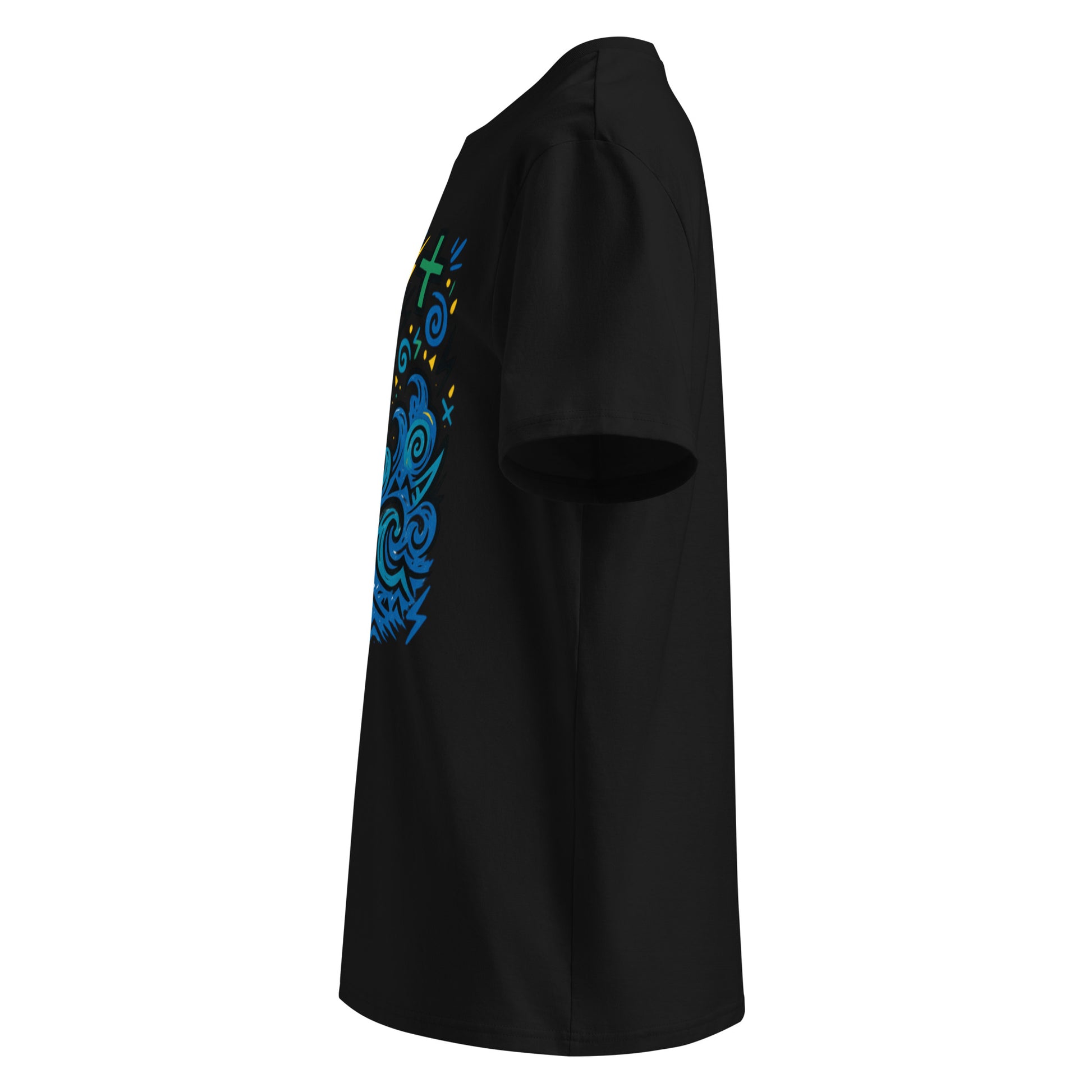 T-shirt Ondja noir unisexe en coton bio, imprimé coloré vague bleue stylisée avec symboles graphiques, collection artistique Élisabeth Akaïa Kaï