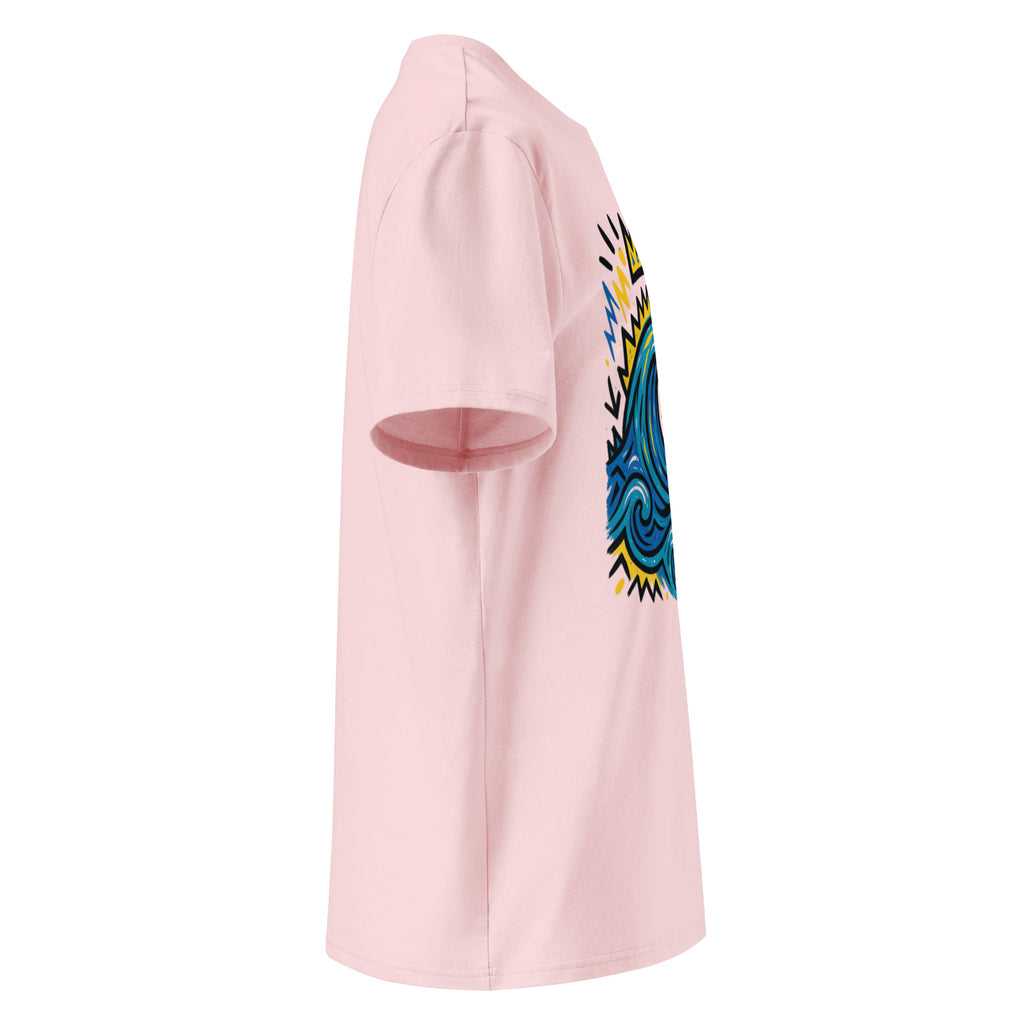 T-shirt Ondja couleur pêche clair unisexe coton bio, imprimé vague bleue stylisée et symboles colorés, Élisabeth Akaïa Kaï