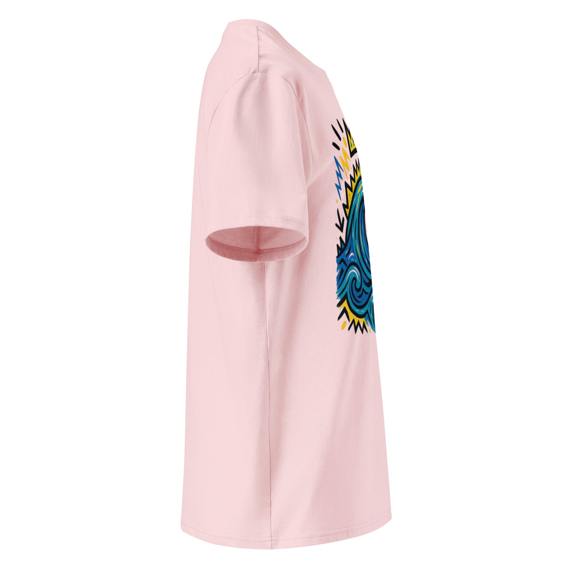 T-shirt Ondja couleur pêche clair unisexe coton bio, imprimé vague bleue stylisée et symboles colorés, Élisabeth Akaïa Kaï