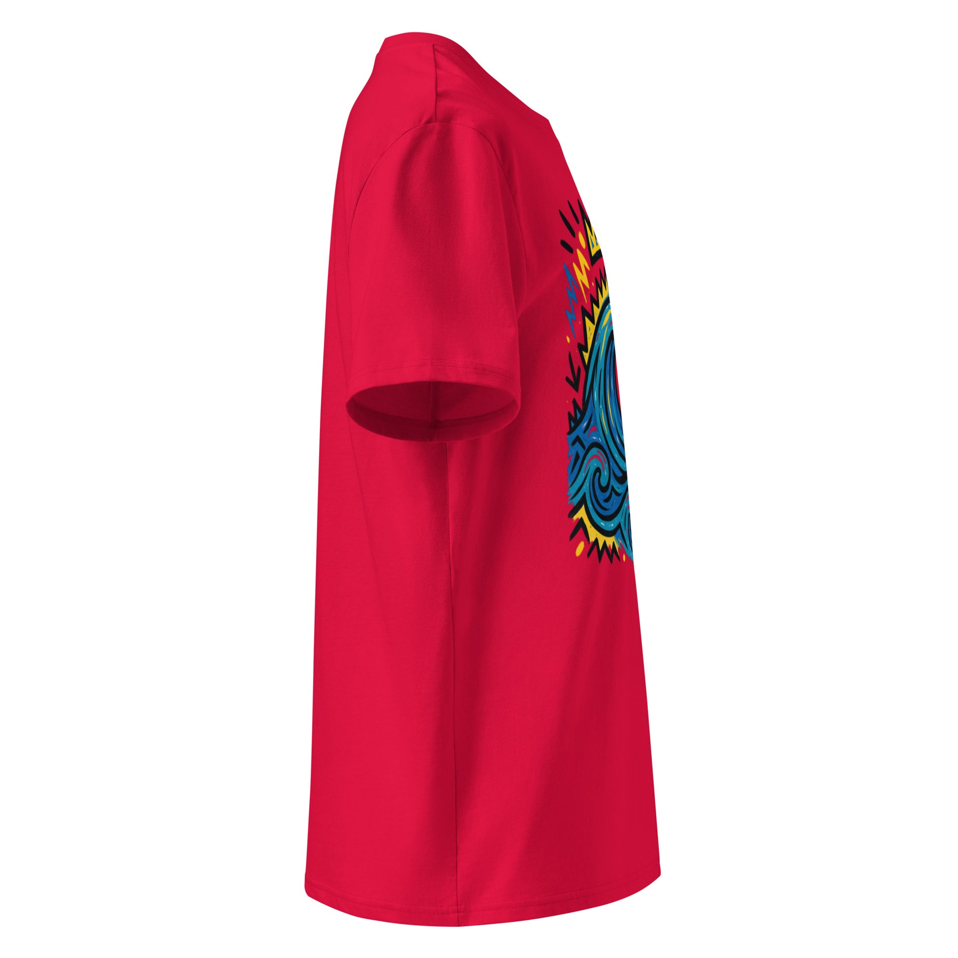 T-shirt Ondja rouge vif unisexe coton bio certifié, motif coloré vague bleue stylisée et symboles graphiques, afro luxe