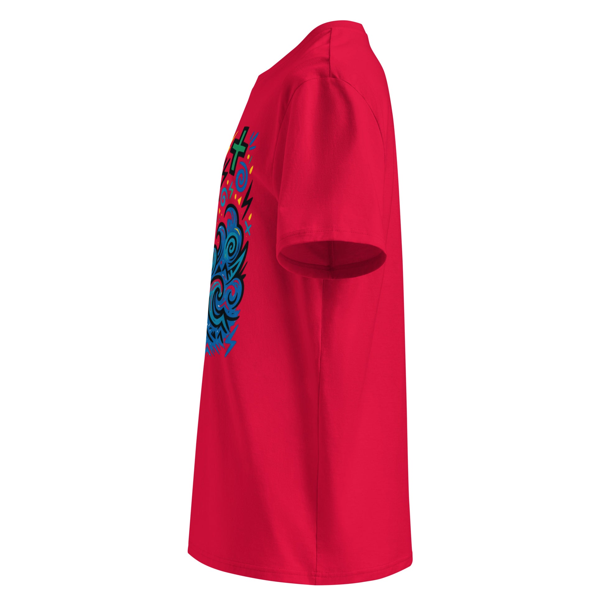 T-shirt Ondja rouge vif unisexe coton bio certifié, motif coloré vague bleue stylisée et symboles graphiques, afro luxe
