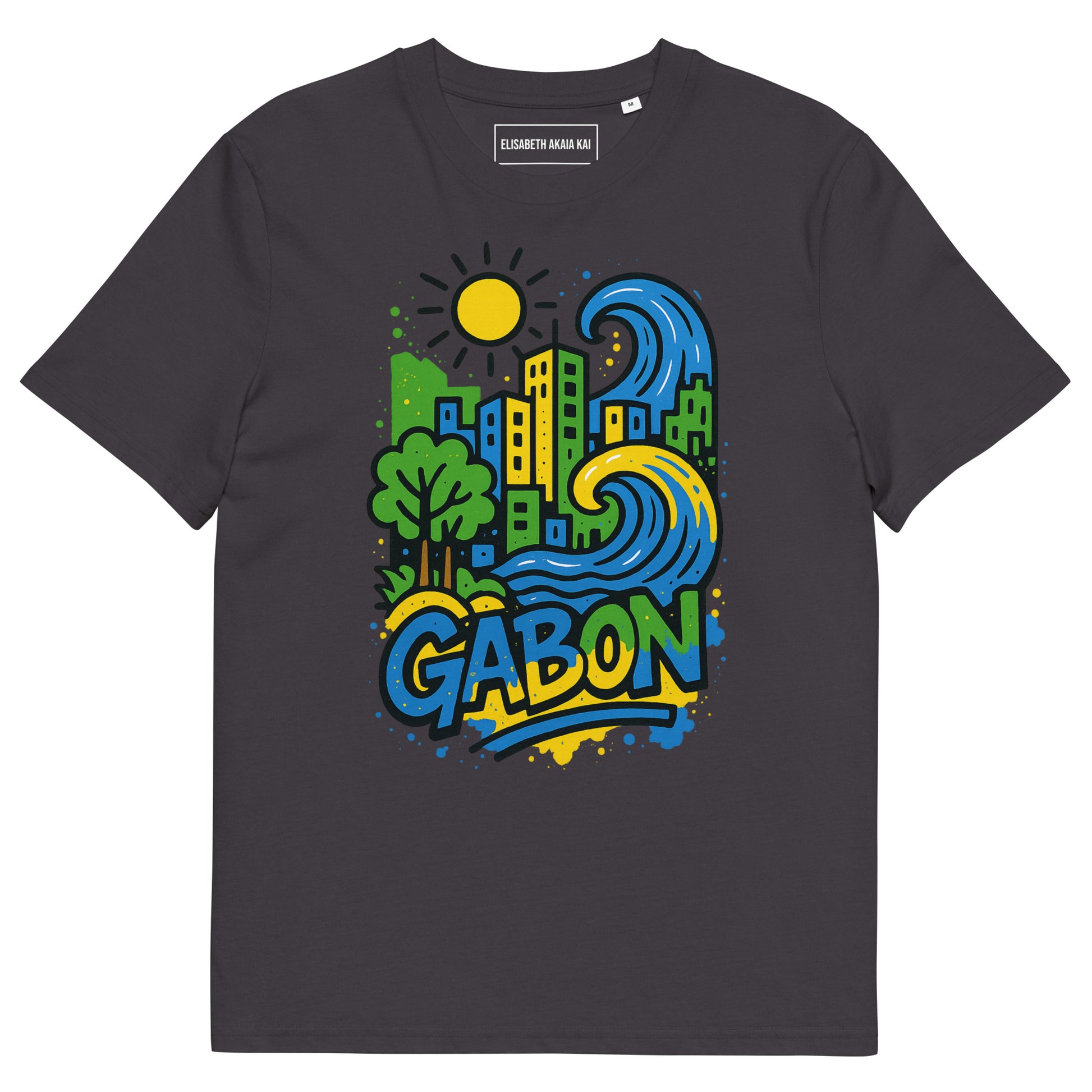 T-shirt anthracite Ondya unisexe en coton bio premium, imprimé artistique Gabon afro luxe, mode durable et élégante.