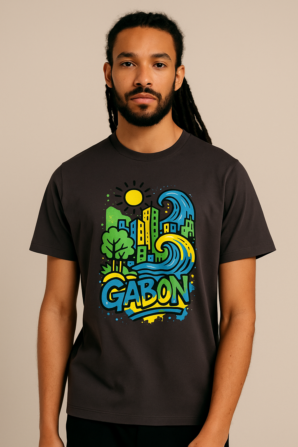 T-shirt anthracite Ondya unisexe en coton bio premium, imprimé artistique Gabon afro luxe, mode durable et élégante.