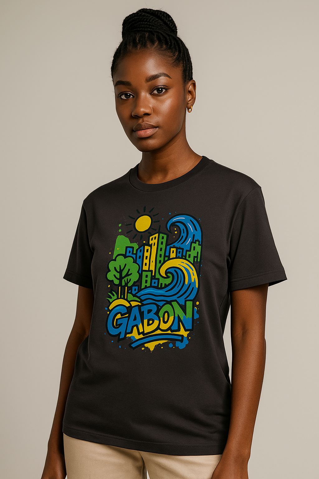 T-shirt anthracite Ondya unisexe en coton bio premium, imprimé artistique Gabon afro luxe, mode durable et élégante.