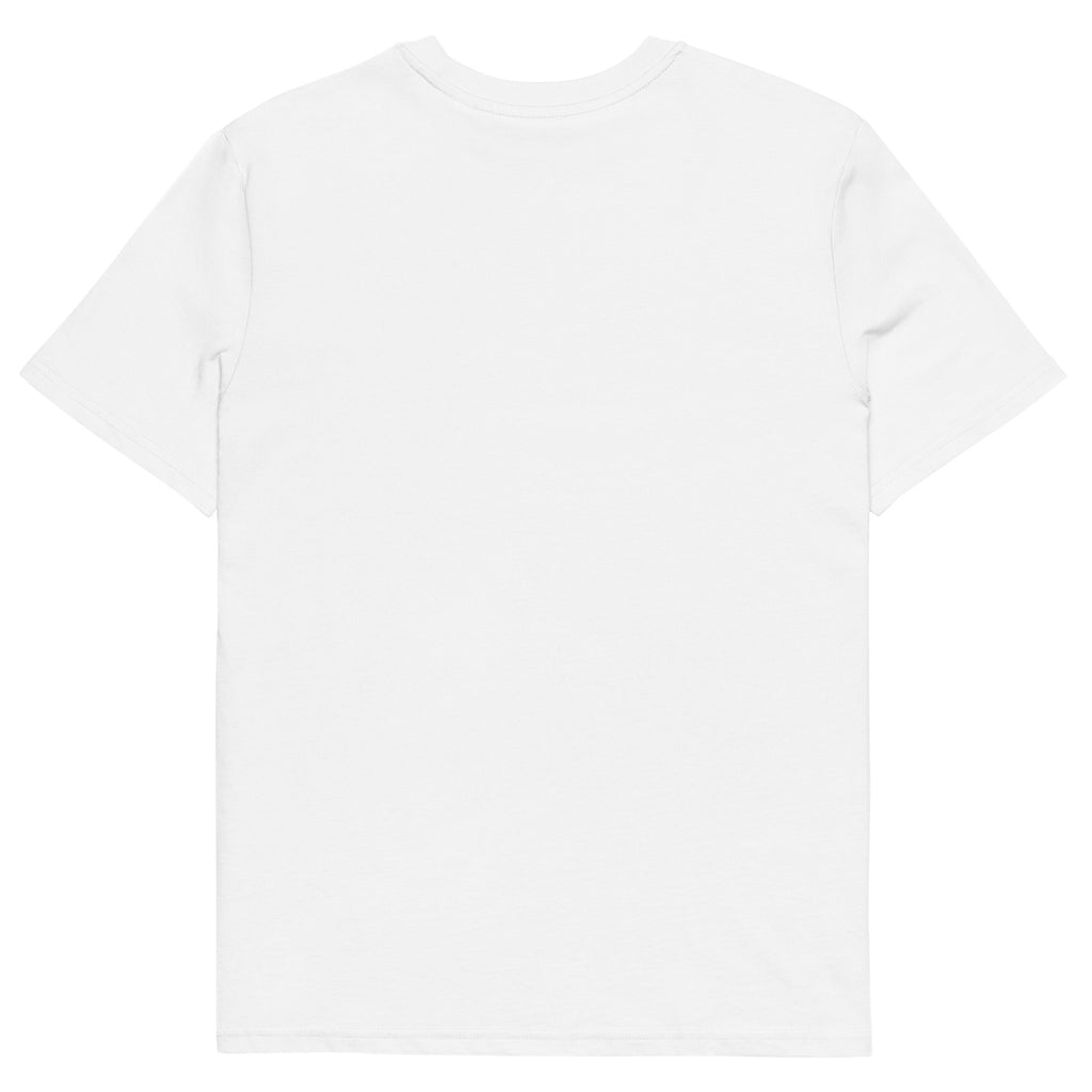 T-shirt blanc Ondya en coton bio, imprimé coloré Gabon inspiré du soleil, de l’océan et de la ville, collection Libreveille Royale.