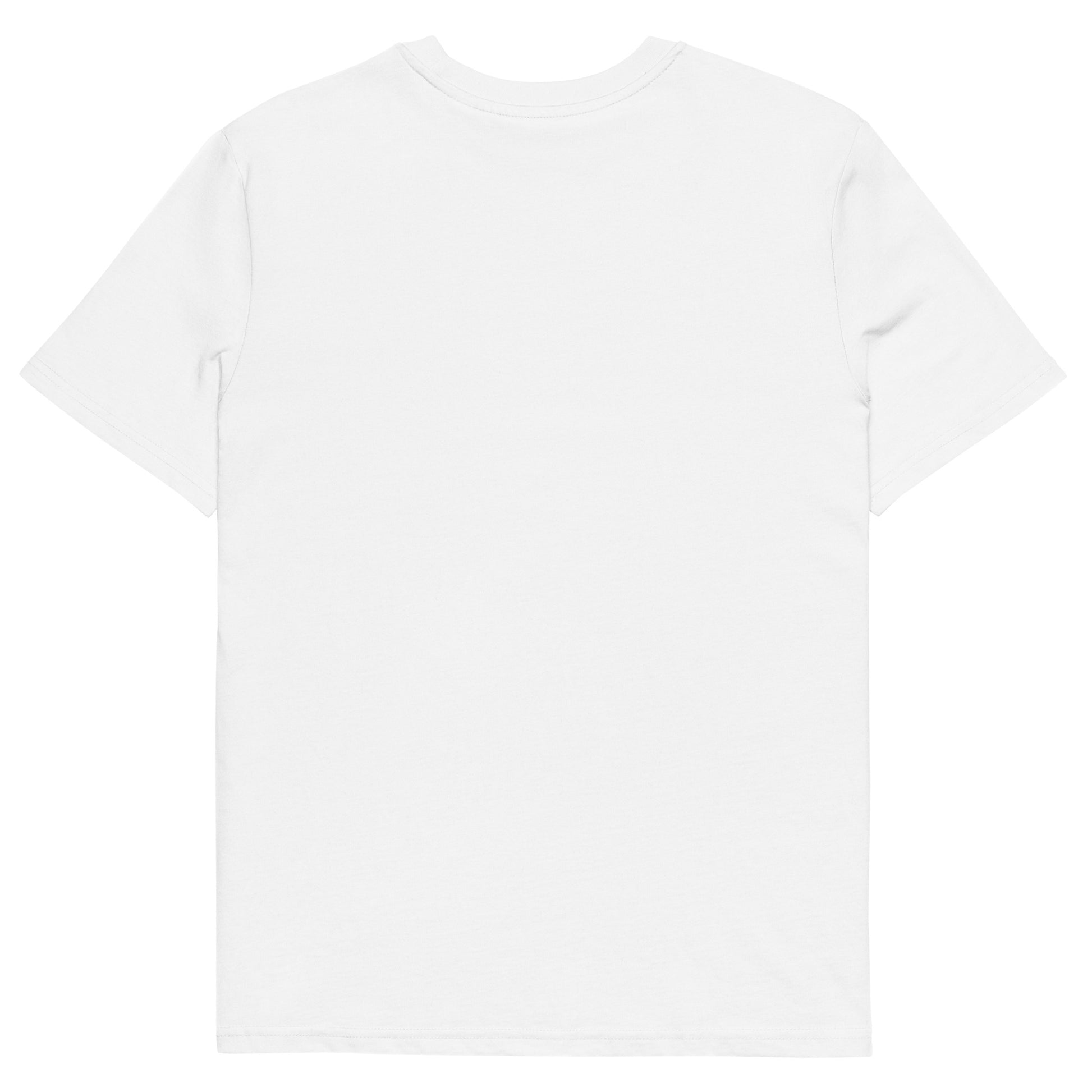 T-shirt blanc Ondya en coton bio, imprimé coloré Gabon inspiré du soleil, de l’océan et de la ville, collection Libreveille Royale.