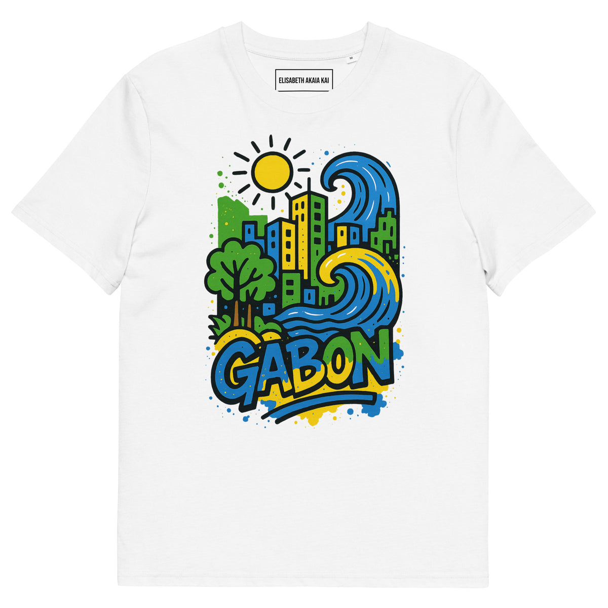 T-shirt blanc Ondya en coton bio, imprimé coloré Gabon inspiré du soleil, de l’océan et de la ville, collection Libreveille Royale.