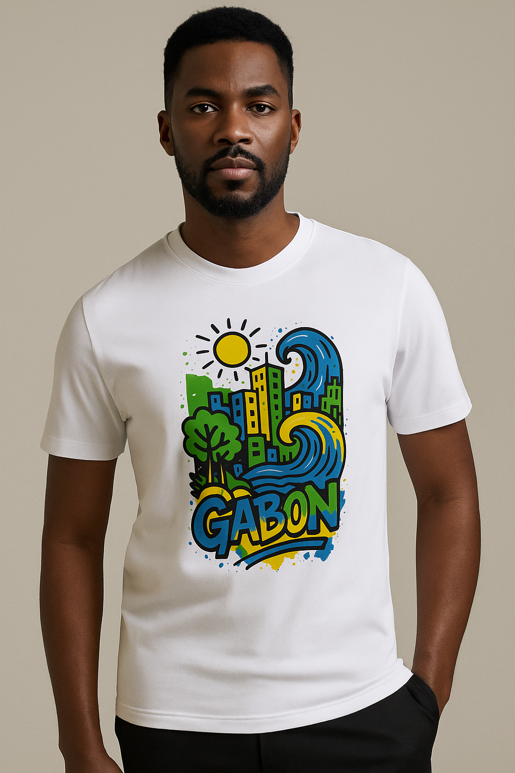 T-shirt blanc Ondya en coton bio, imprimé coloré Gabon inspiré du soleil, de l’océan et de la ville, collection Libreveille Royale.