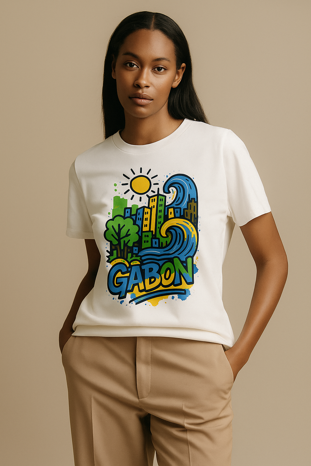 T-shirt blanc Ondya en coton bio, imprimé coloré Gabon inspiré du soleil, de l’océan et de la ville, collection Libreveille Royale.