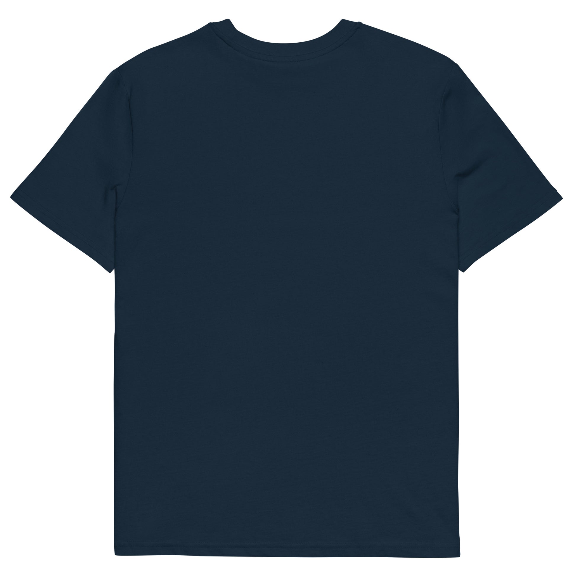 T-shirt bleu marine Ondya en coton bio certifié, design Gabon coloré avec vague, soleil et ville, mode afro luxe exclusive.