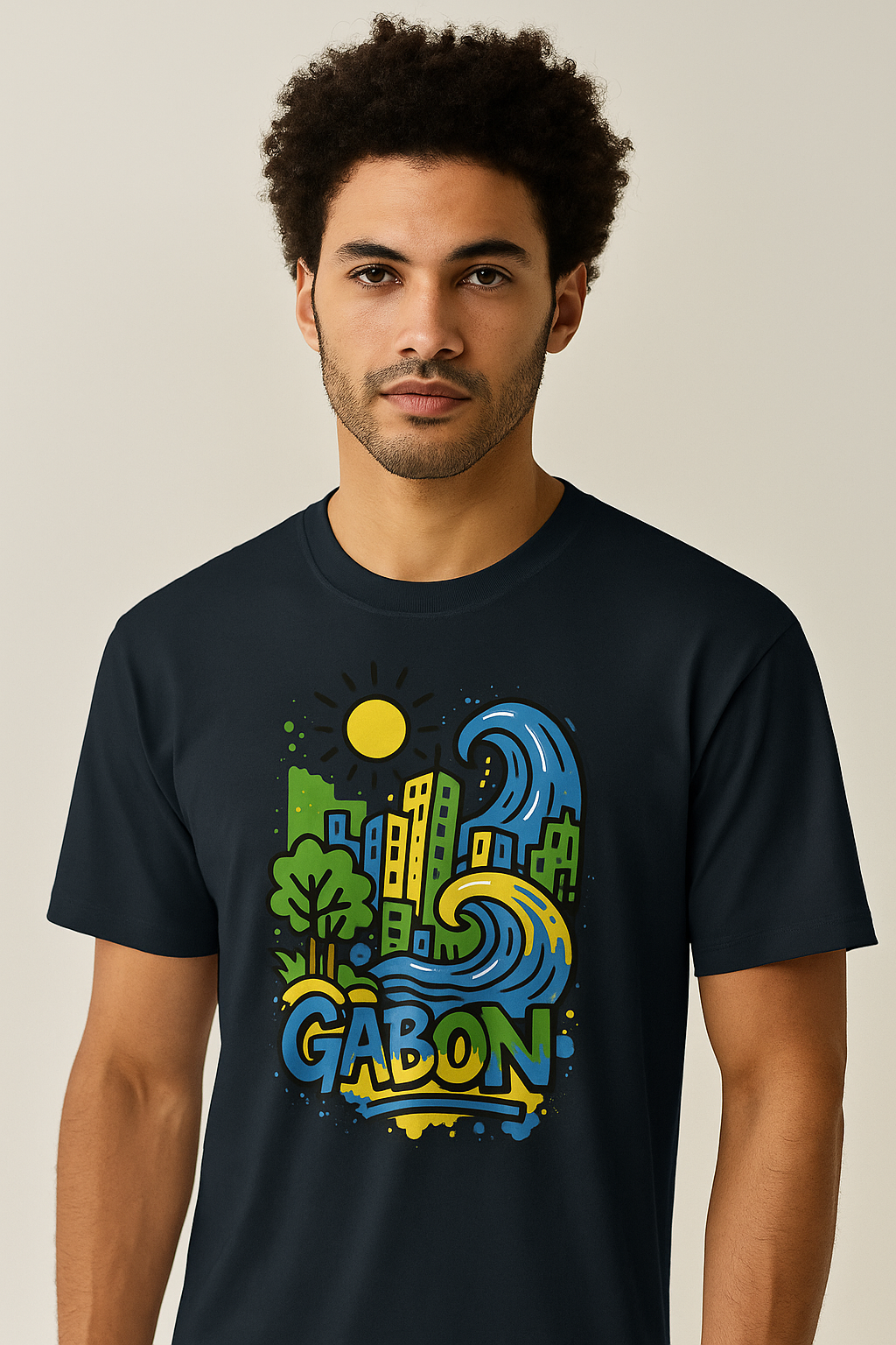 T-shirt bleu marine Ondya en coton bio certifié, design Gabon coloré avec vague, soleil et ville, mode afro luxe exclusive.