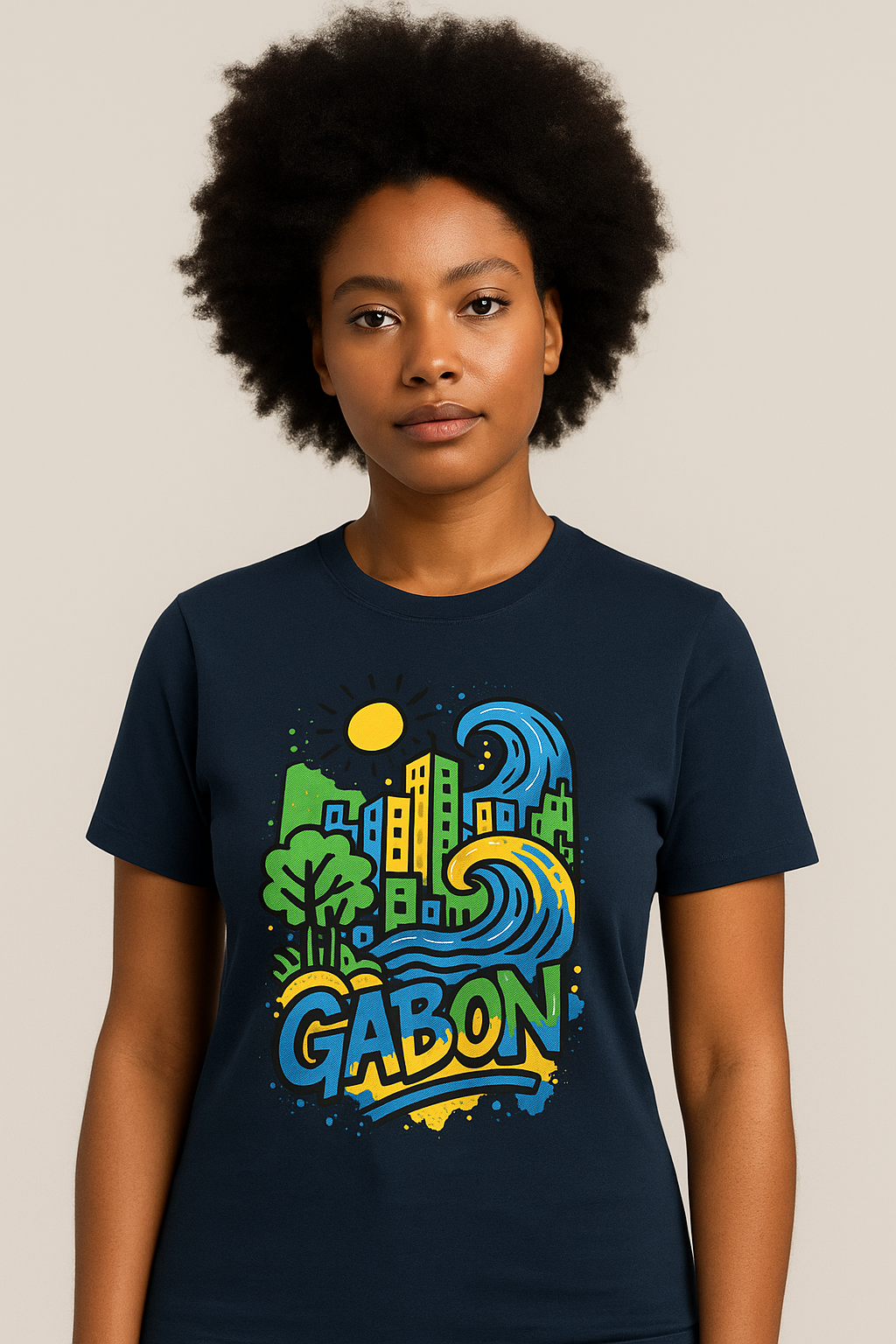 T-shirt bleu marine Ondya en coton bio certifié, design Gabon coloré avec vague, soleil et ville, mode afro luxe exclusive.