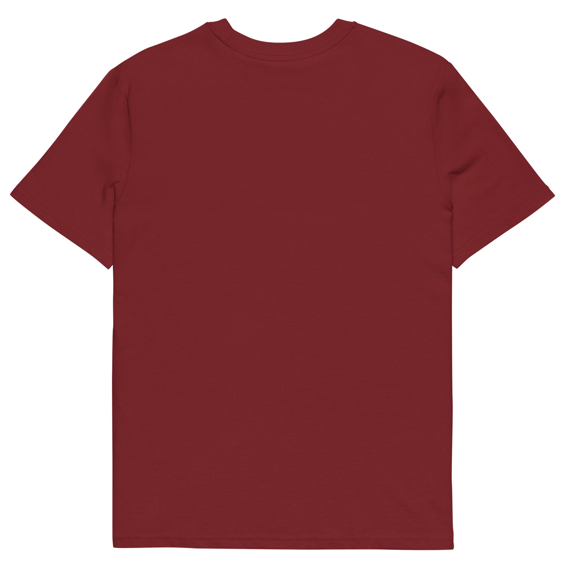 T-shirt bordeaux Ondya en coton bio, design inspiré du Gabon avec soleil, vague et nature, mode éthique haut de gamme.