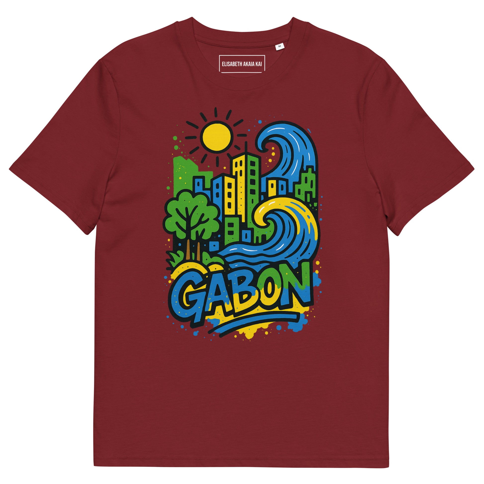 T-shirt bordeaux Ondya en coton bio, design inspiré du Gabon avec soleil, vague et nature, mode éthique haut de gamme.
