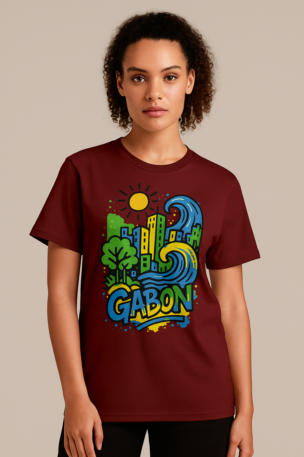 T-shirt bordeaux Ondya en coton bio, design inspiré du Gabon avec soleil, vague et nature, mode éthique haut de gamme.