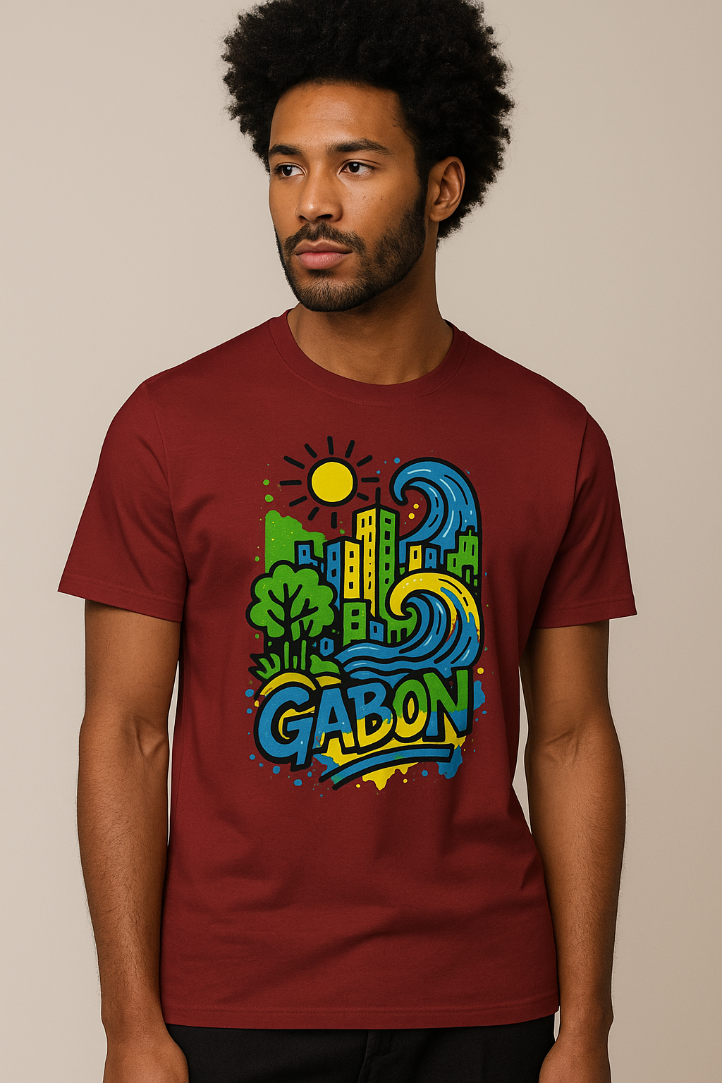 T-shirt bordeaux Ondya en coton bio, design inspiré du Gabon avec soleil, vague et nature, mode éthique haut de gamme.