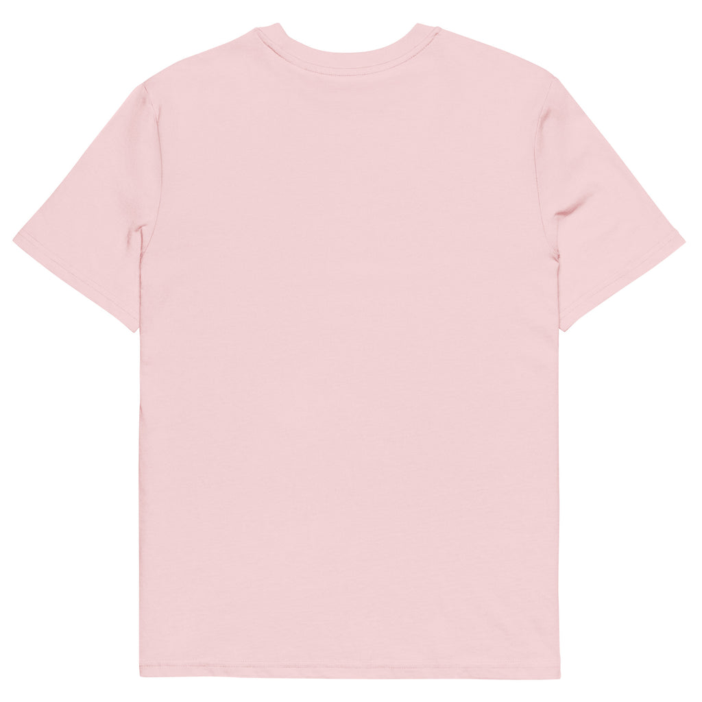 T-shirt rose clair Ondya en coton bio, imprimé Gabon artistique afro luxe, collection Libreveille Royale.