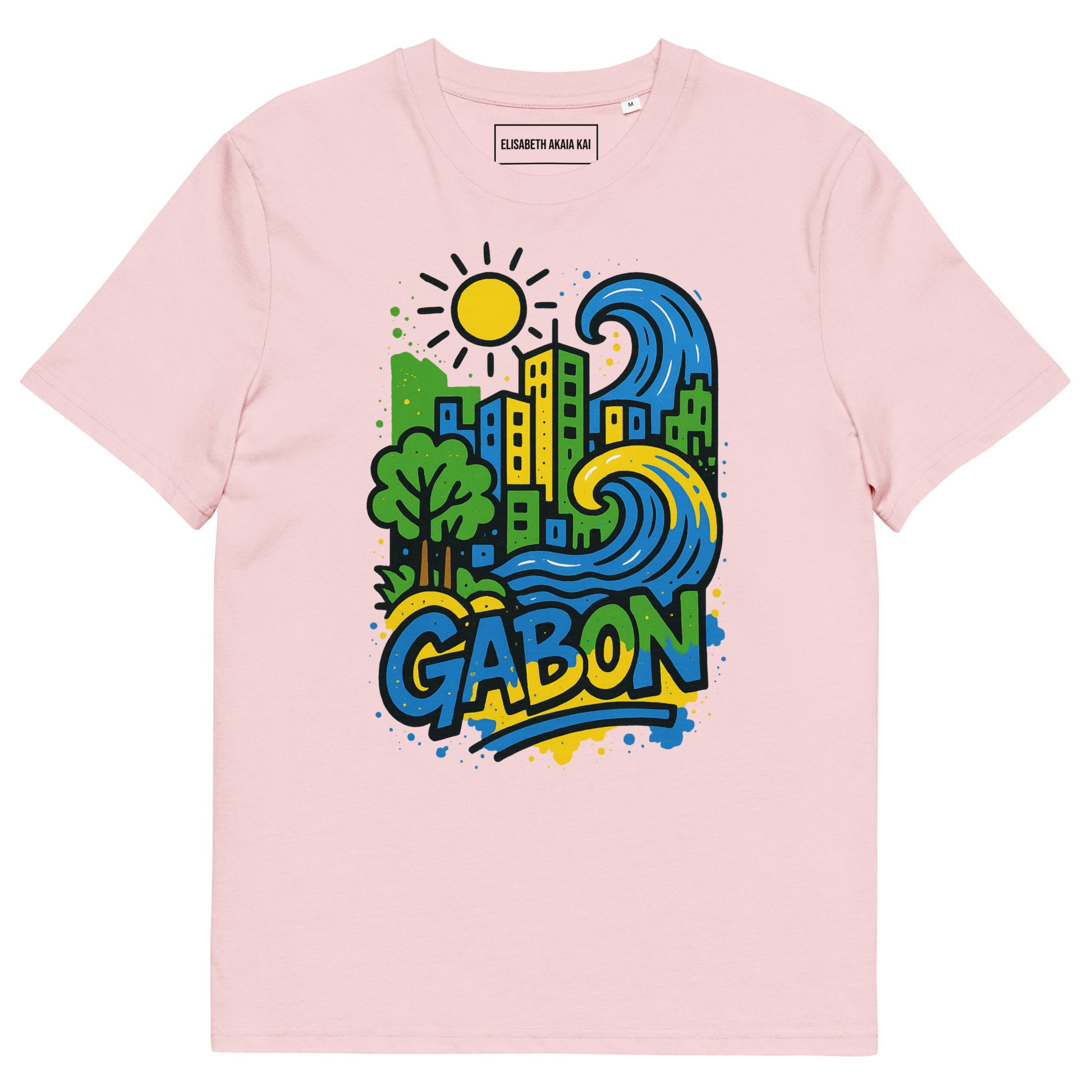 T-shirt rose clair Ondya en coton bio, imprimé Gabon artistique afro luxe, collection Libreveille Royale.