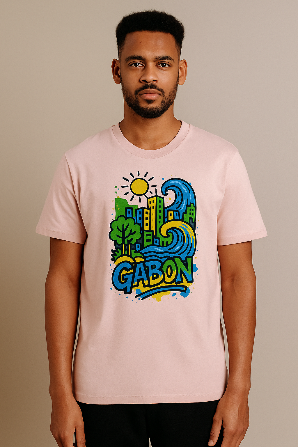 T-shirt rose clair Ondya en coton bio, imprimé Gabon artistique afro luxe, collection Libreveille Royale.