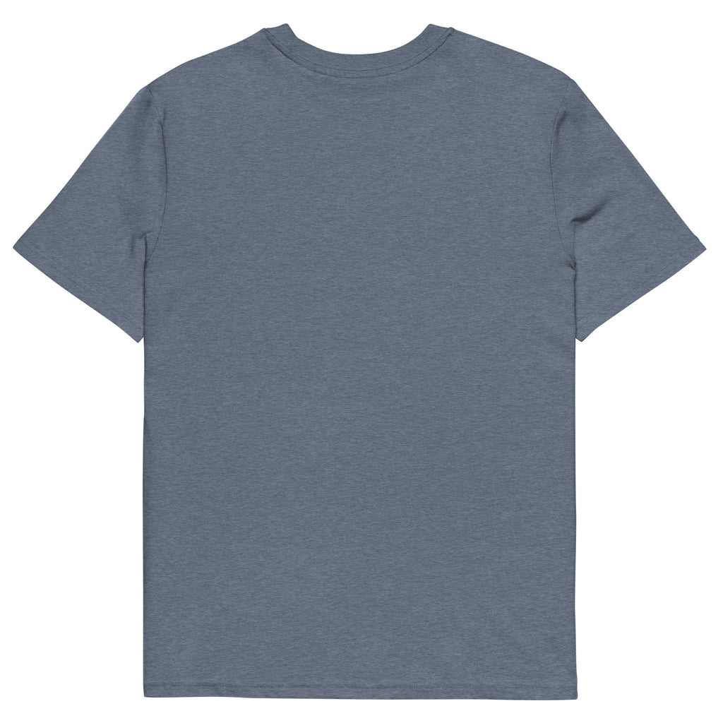T-shirt bleu chiné Ondya en coton bio, imprimé Gabon afro luxe avec ville, soleil et vague, mode premium durable.