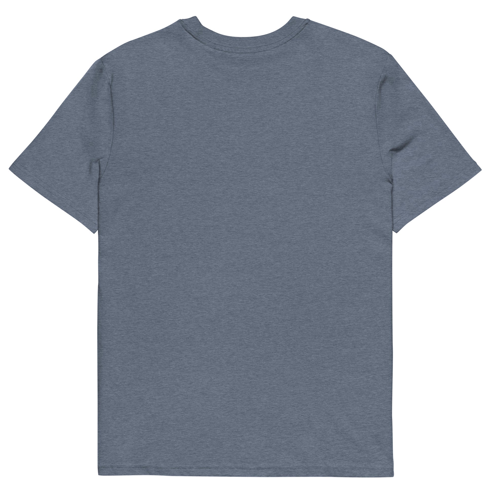 T-shirt bleu chiné Ondya en coton bio, imprimé Gabon afro luxe avec ville, soleil et vague, mode premium durable.