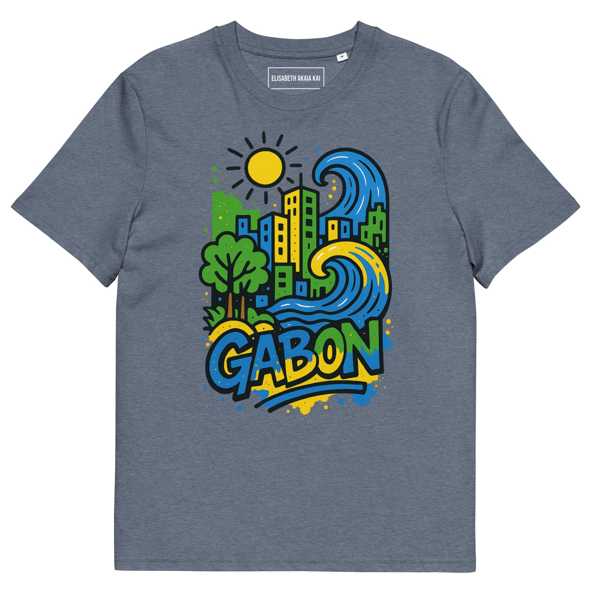 T-shirt bleu chiné Ondya en coton bio, imprimé Gabon afro luxe avec ville, soleil et vague, mode premium durable.