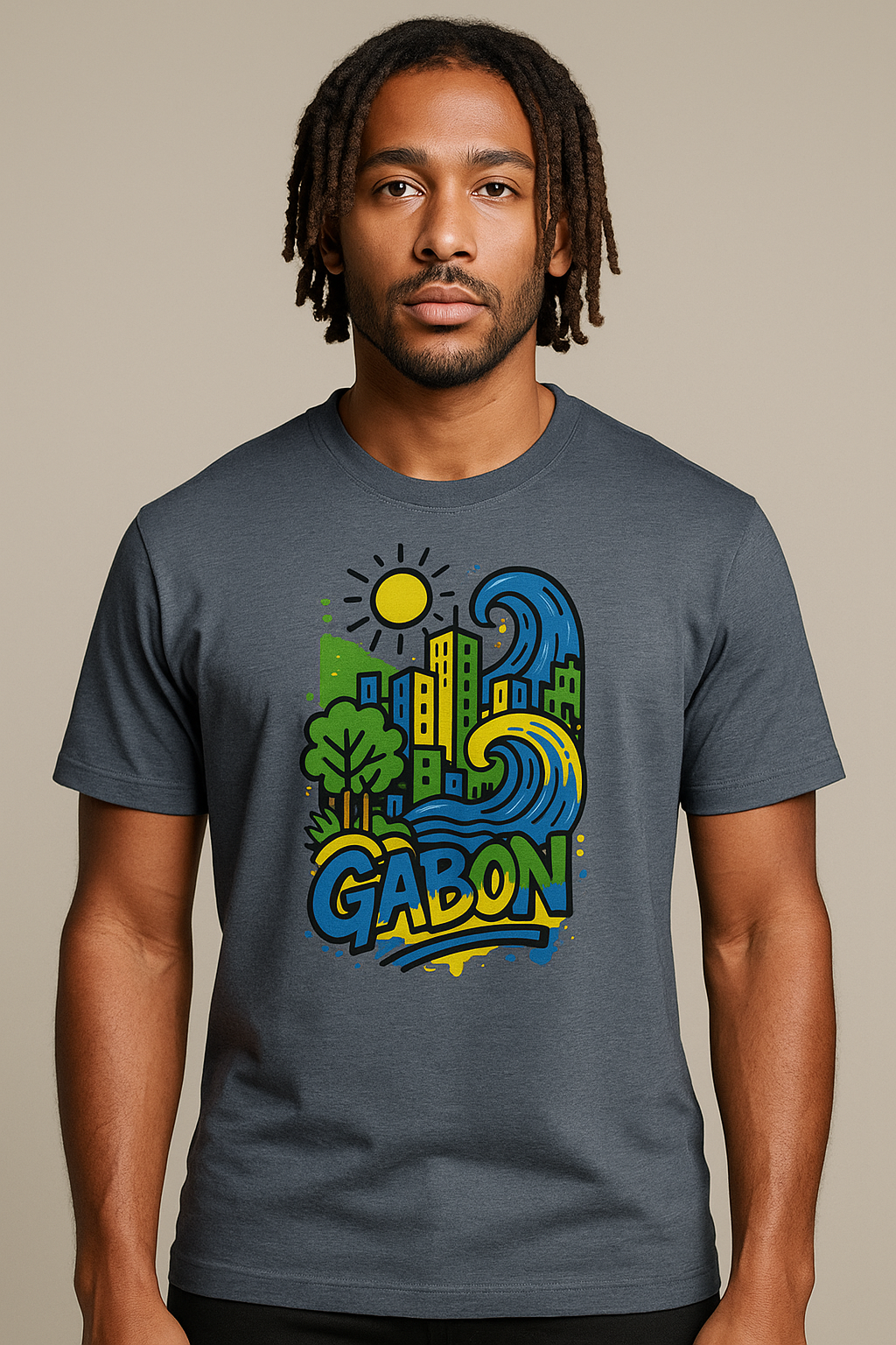 T-shirt bleu chiné Ondya en coton bio, imprimé Gabon afro luxe avec ville, soleil et vague, mode premium durable.