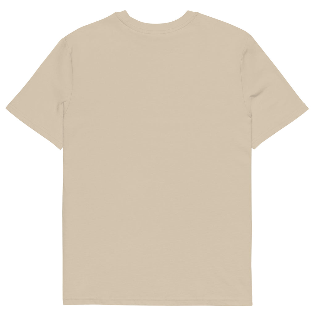 T-shirt beige sable Ondya en coton bio, imprimé artistique Gabon afro luxe, mode éthique et premium.