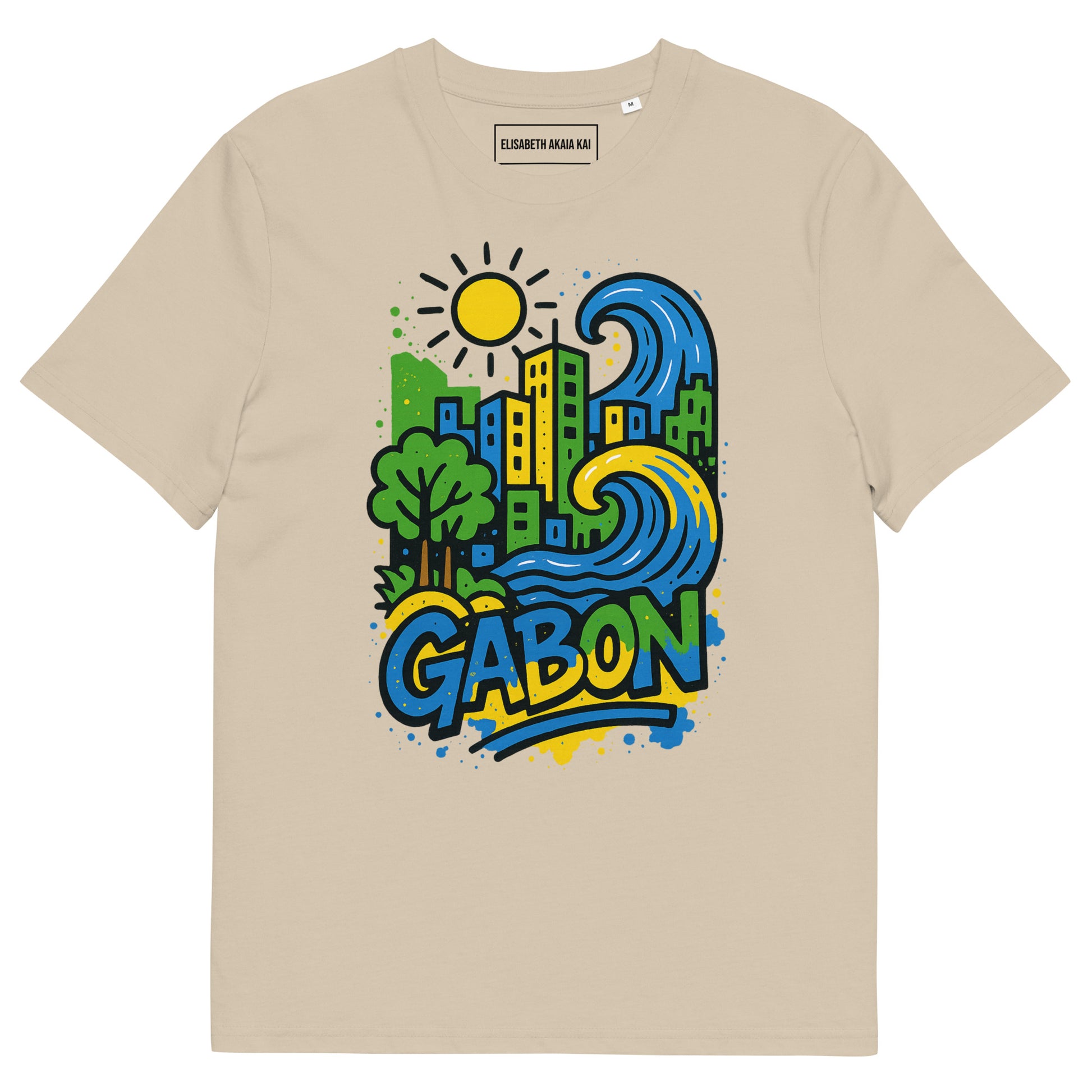T-shirt beige sable Ondya en coton bio, imprimé artistique Gabon afro luxe, mode éthique et premium.
