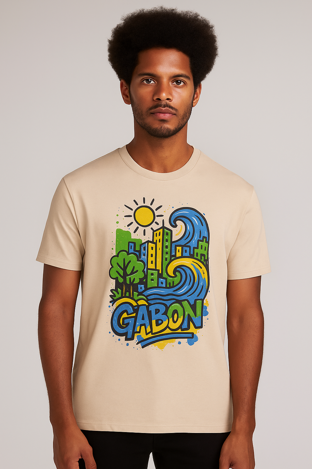 T-shirt beige sable Ondya en coton bio, imprimé artistique Gabon afro luxe, mode éthique et premium.