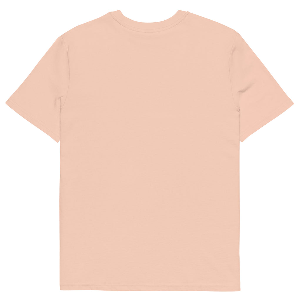T-shirt pêche clair Ondya en coton biologique, design Gabon afro luxe coloré, prêt-à-porter durable haut de gamme.