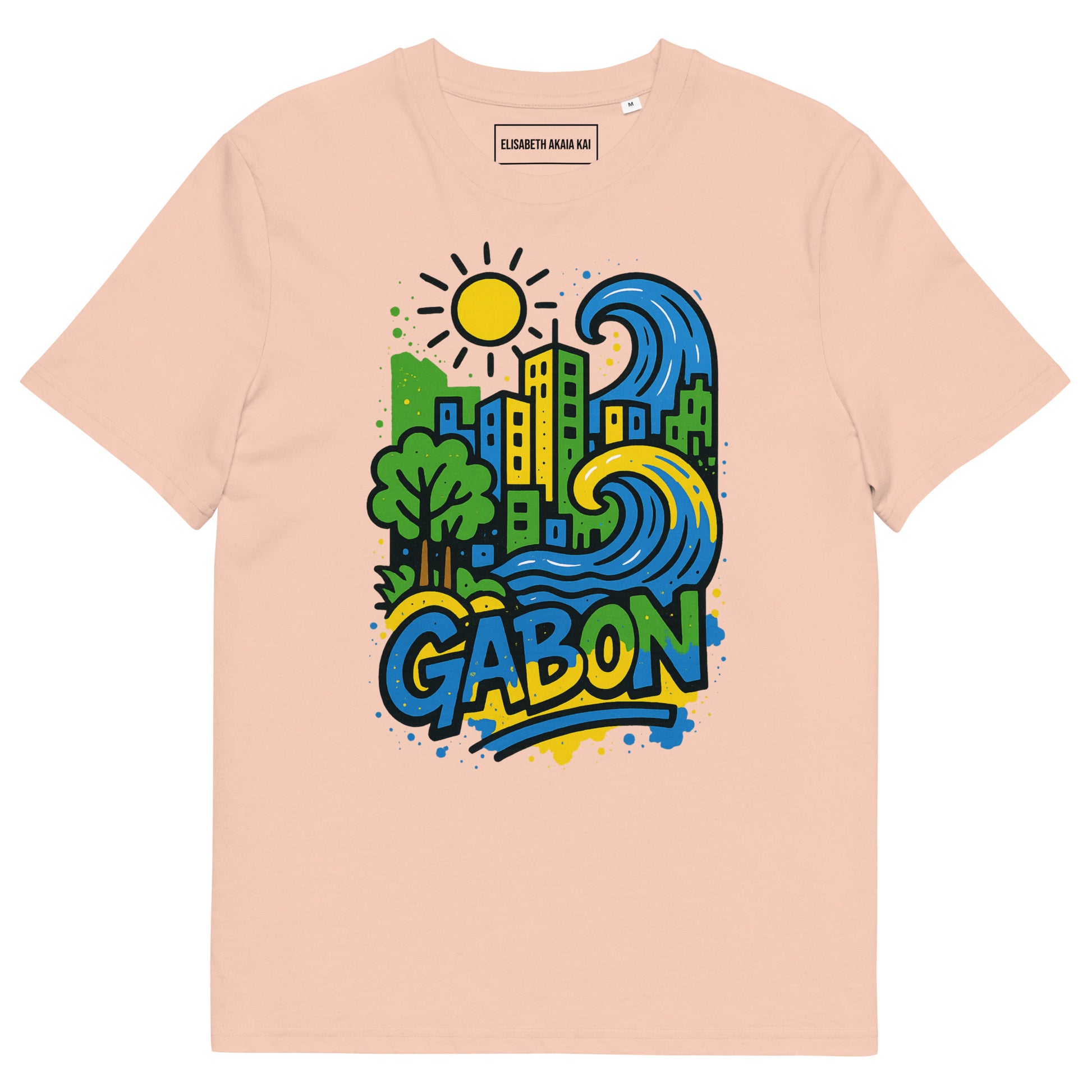 T-shirt pêche clair Ondya en coton biologique, design Gabon afro luxe coloré, prêt-à-porter durable haut de gamme.